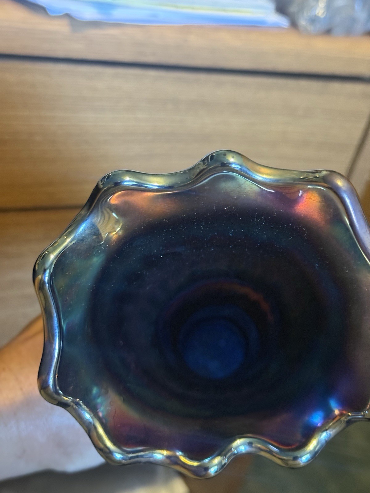 Vintage Fenton 15 3/4” Carnival Glass Cobalt Blue April Showers Vase