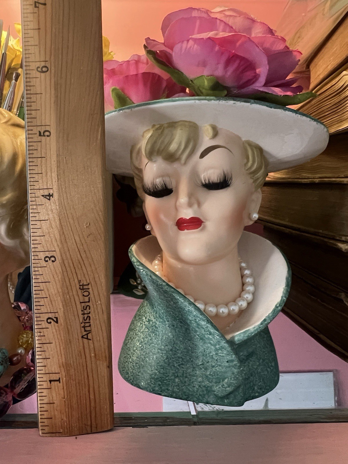 Relpo Lady Head Vase Real Eyelashes Blonde Hair 5 Blue Hat Blue Dress Japan VTG