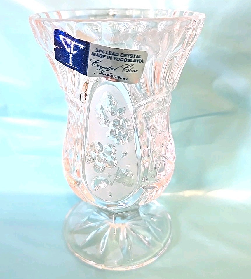 Vtg Crystal Clear Industries Candlestick Holder Yugoslavia 24% Lead Glass Flower