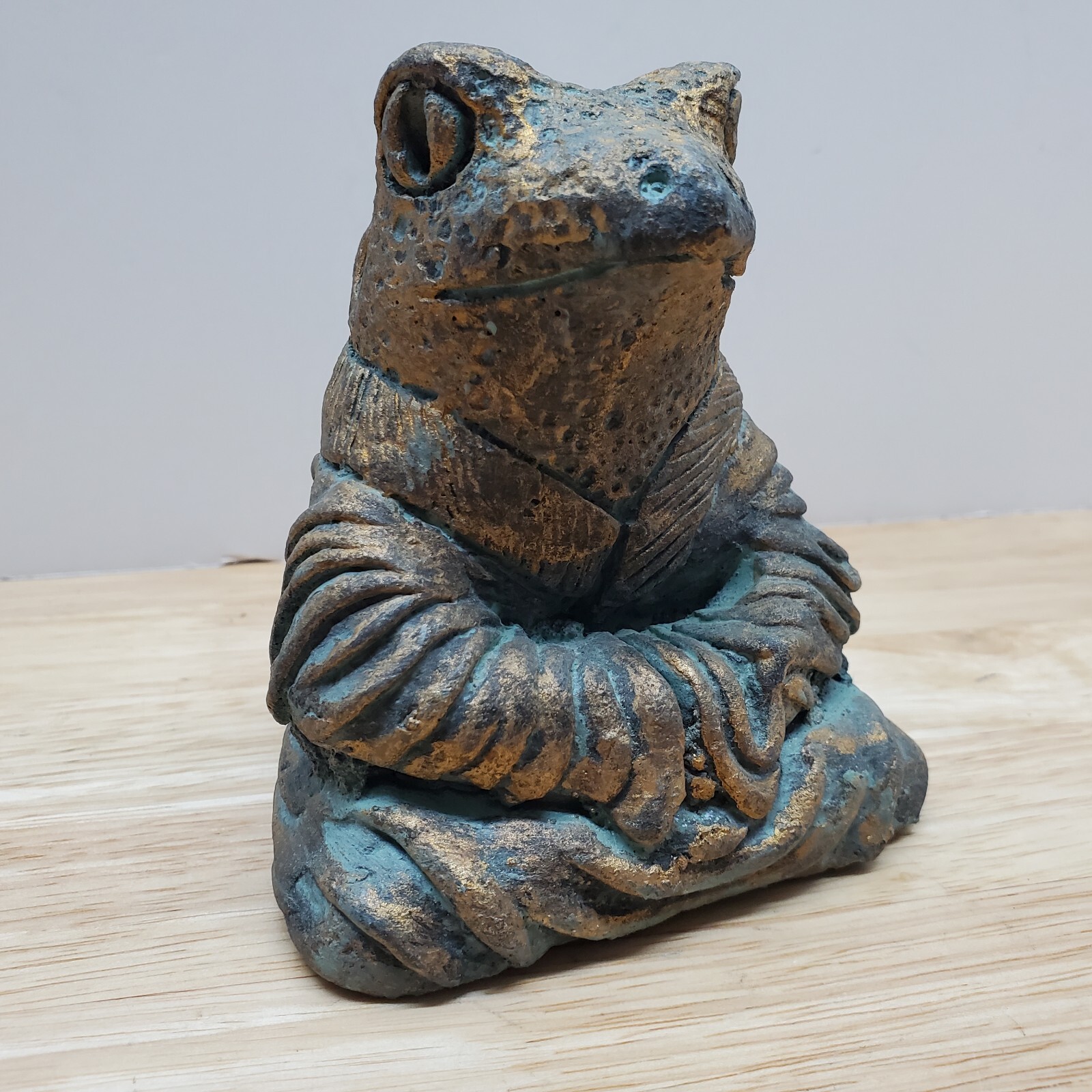 Vintage Frog Figurine, Sitting Buddha-like w Robe, Green & Gold Resin, Rare