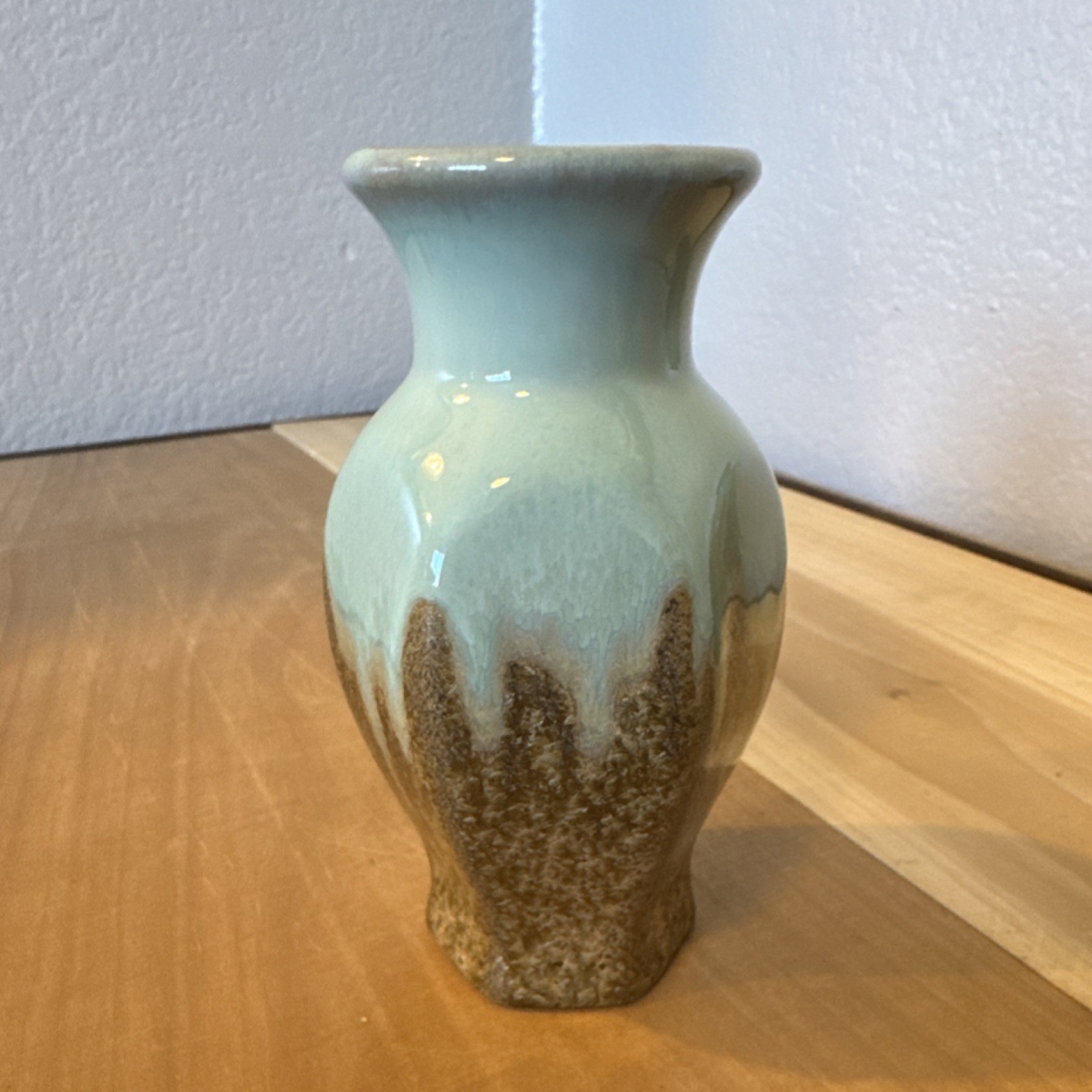 Pair Ceramic Drip Glaze Bud Vases Turquoise Light Blue Brown Art Pottery Glossy