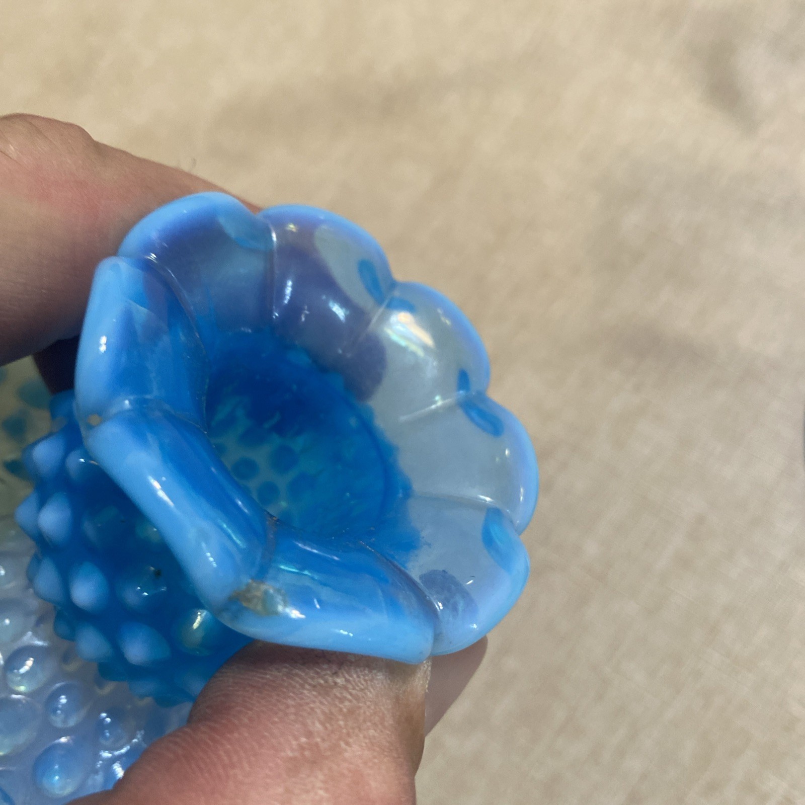 VTG! Rare! PAIR OF 1950’s Fenton Aqua Blue Opalescent Hobnail Candleholders