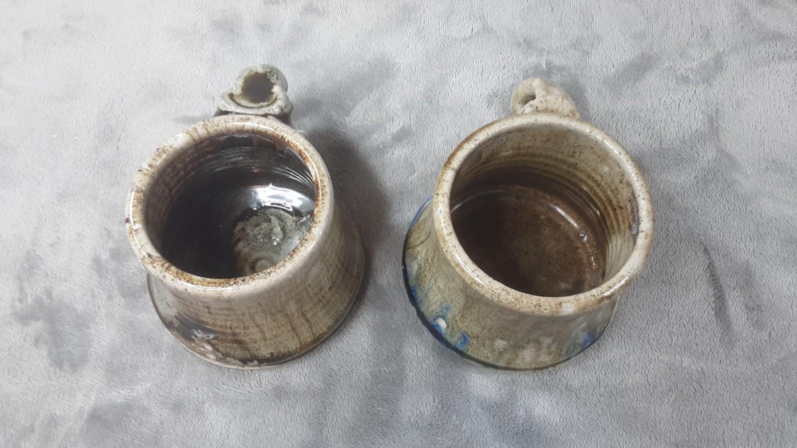 Signed Studio Pottery Mugs Hand Thrown Stoneware Pair Ash/Shino Glaze Vintage