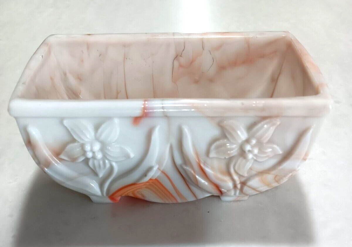Vtg. Akro Agate Slag Glass Orange/White Daffodil Flowers Planter/ Trinket Dish