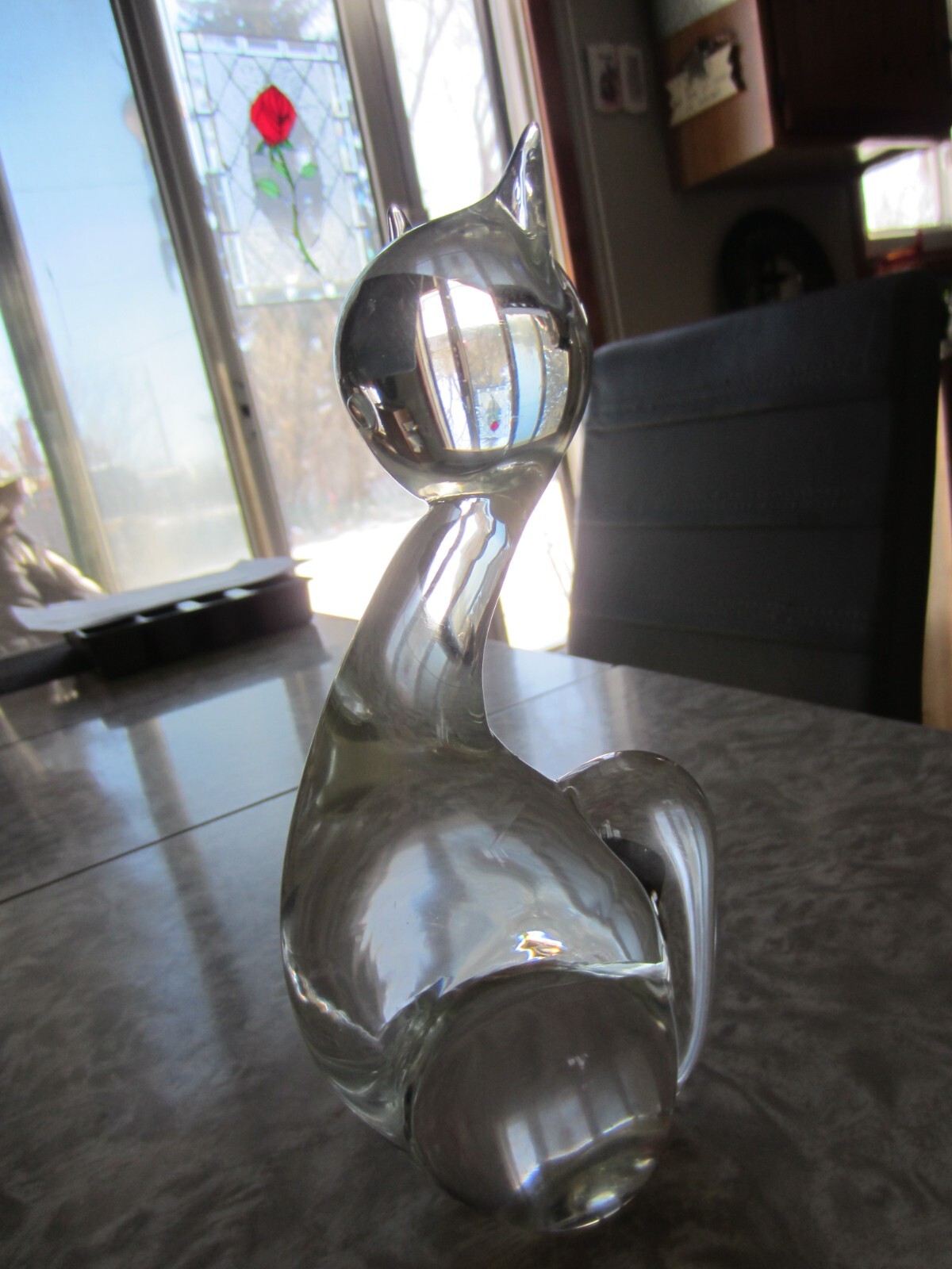 VTG. LARGE SIGNED art glass cat Unbranded clear color 7 3/4 in. tall