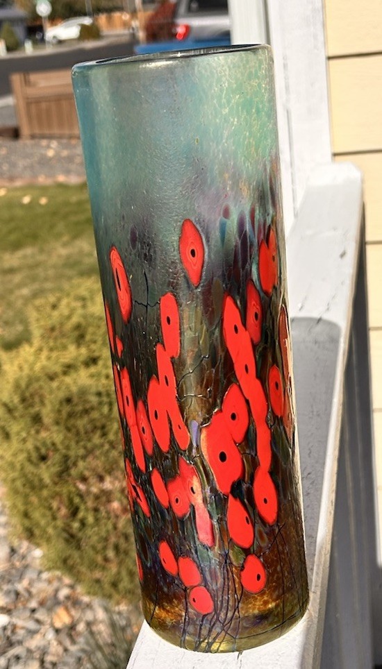 Robert Held California Poppy Cylinder Art Glass Vase Signed Approx 11”H