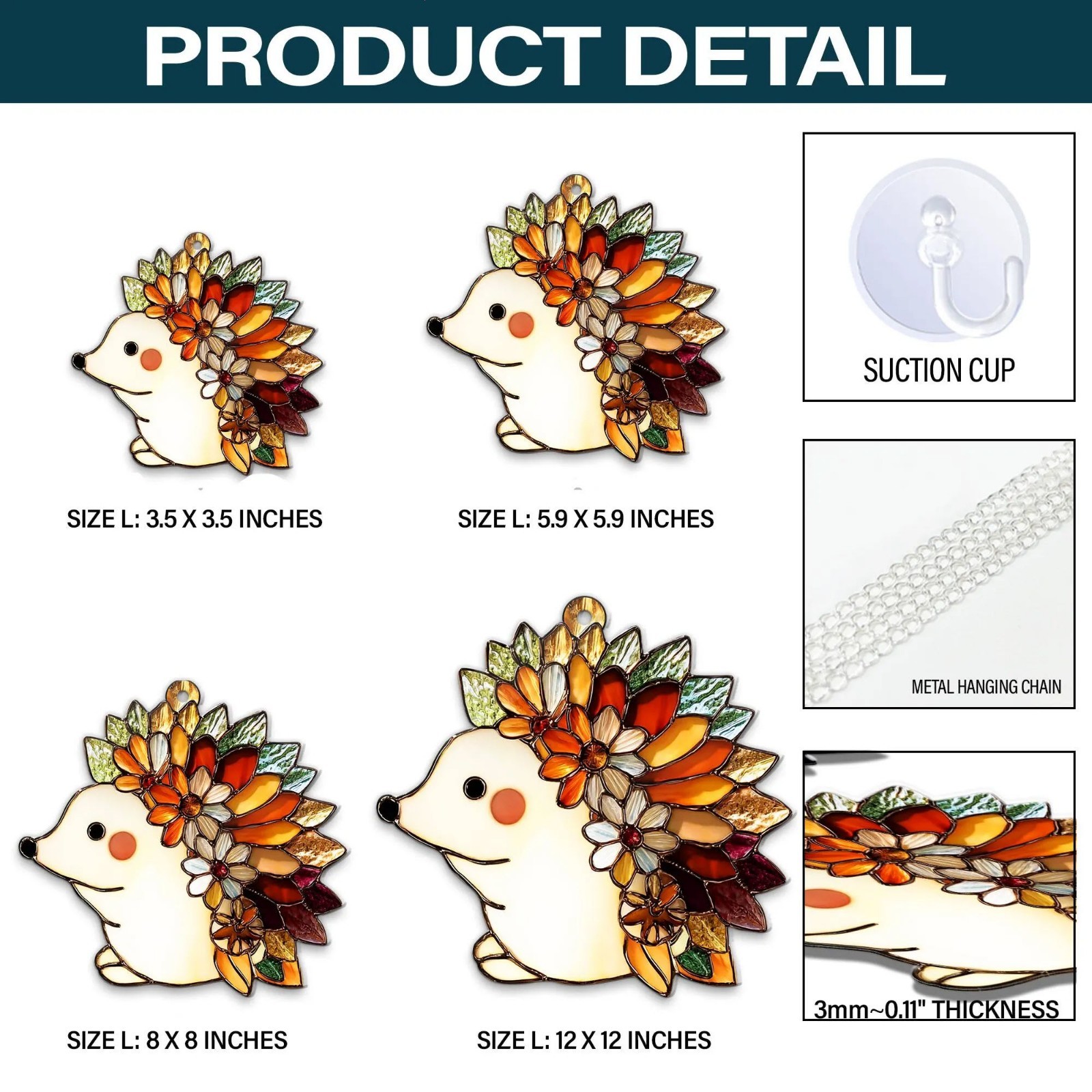 Hedgehog Acrylic Window Hanging Cute Animal Suncatcher Floral Fall Decor Gift