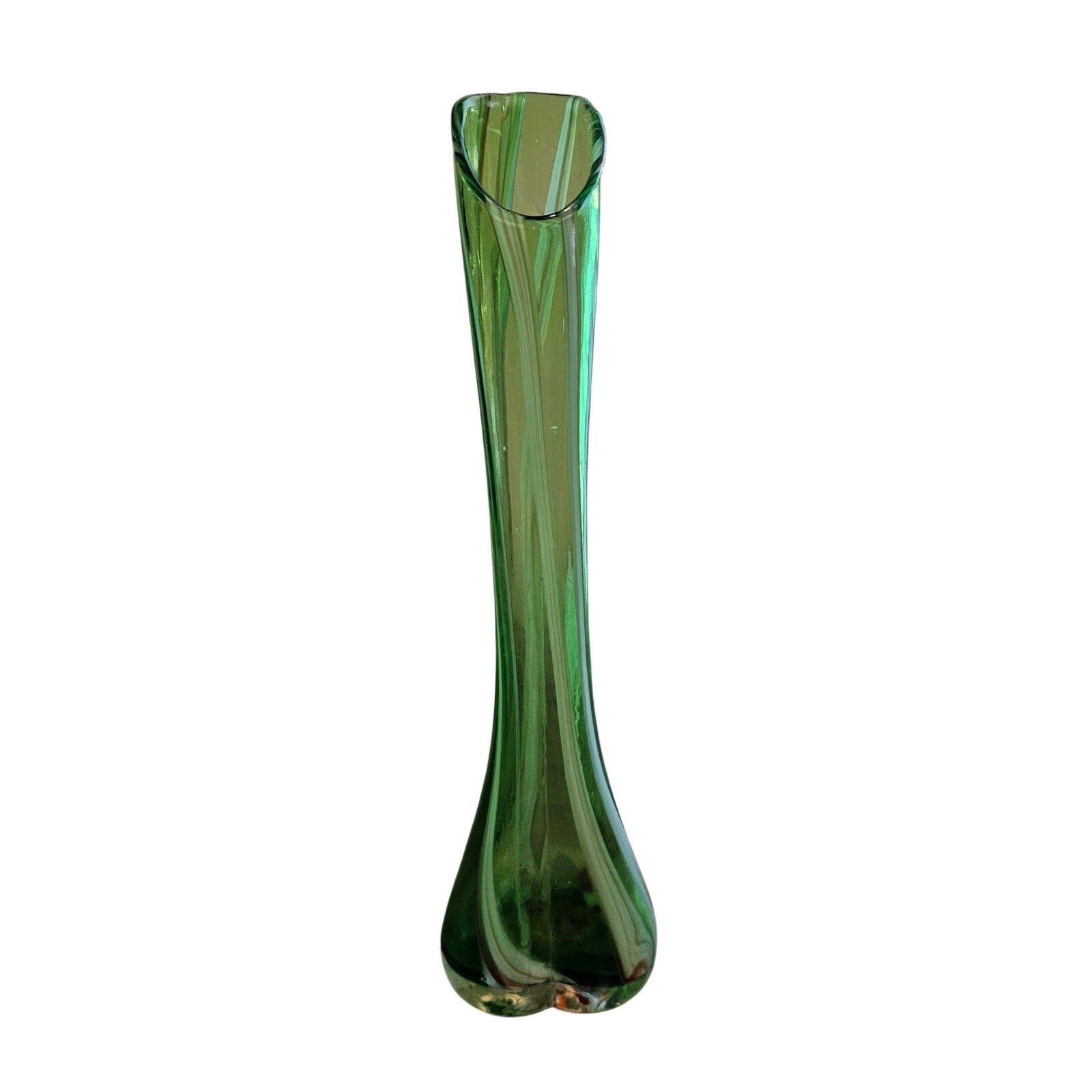 Vintage MCM Hand Blown Glass Stretch Bud Vase 10.5″ Green Art Decor 1960s Mod