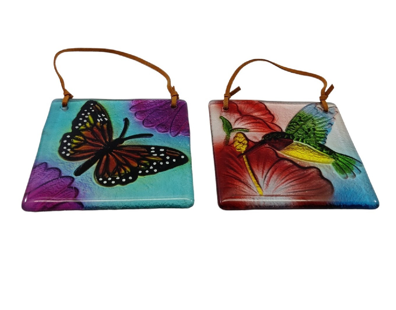 Hummingbird And Butterfly Design Square Glass Suncatchers READ!!!!