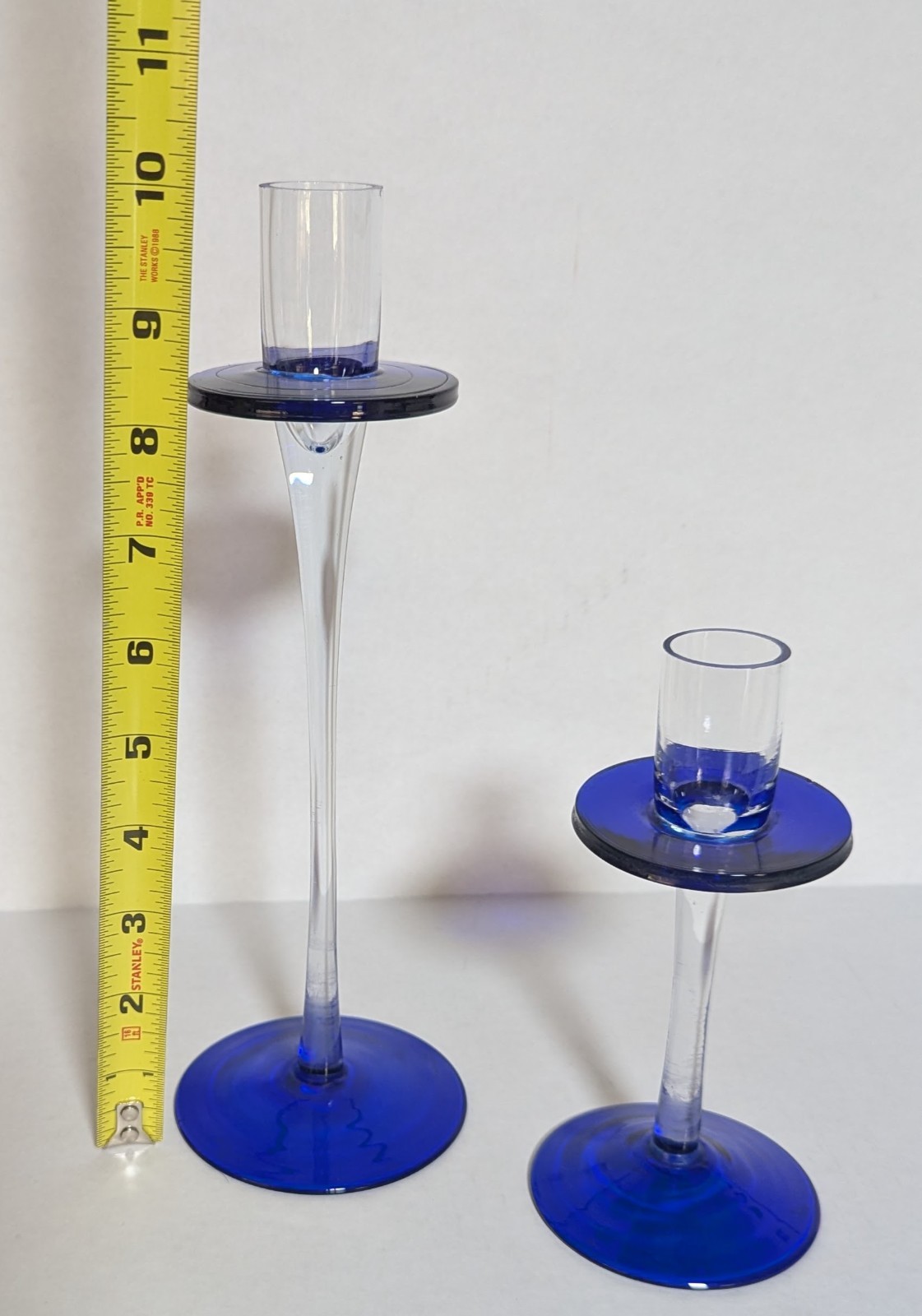 Hand-Blown Art Glass Cobalt Blue Saturn Ring Candlestick Holders Set of Two
