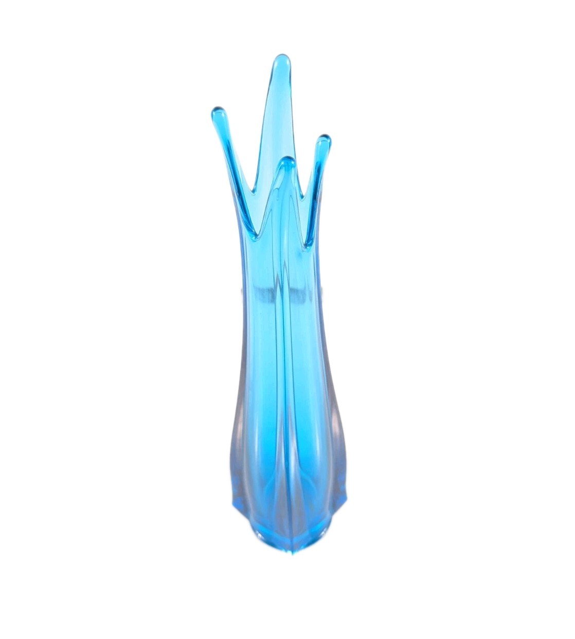 Vintage LE Smith MCM Peacock Blue Four Square 4 Finger Glass Swung Vase 14”