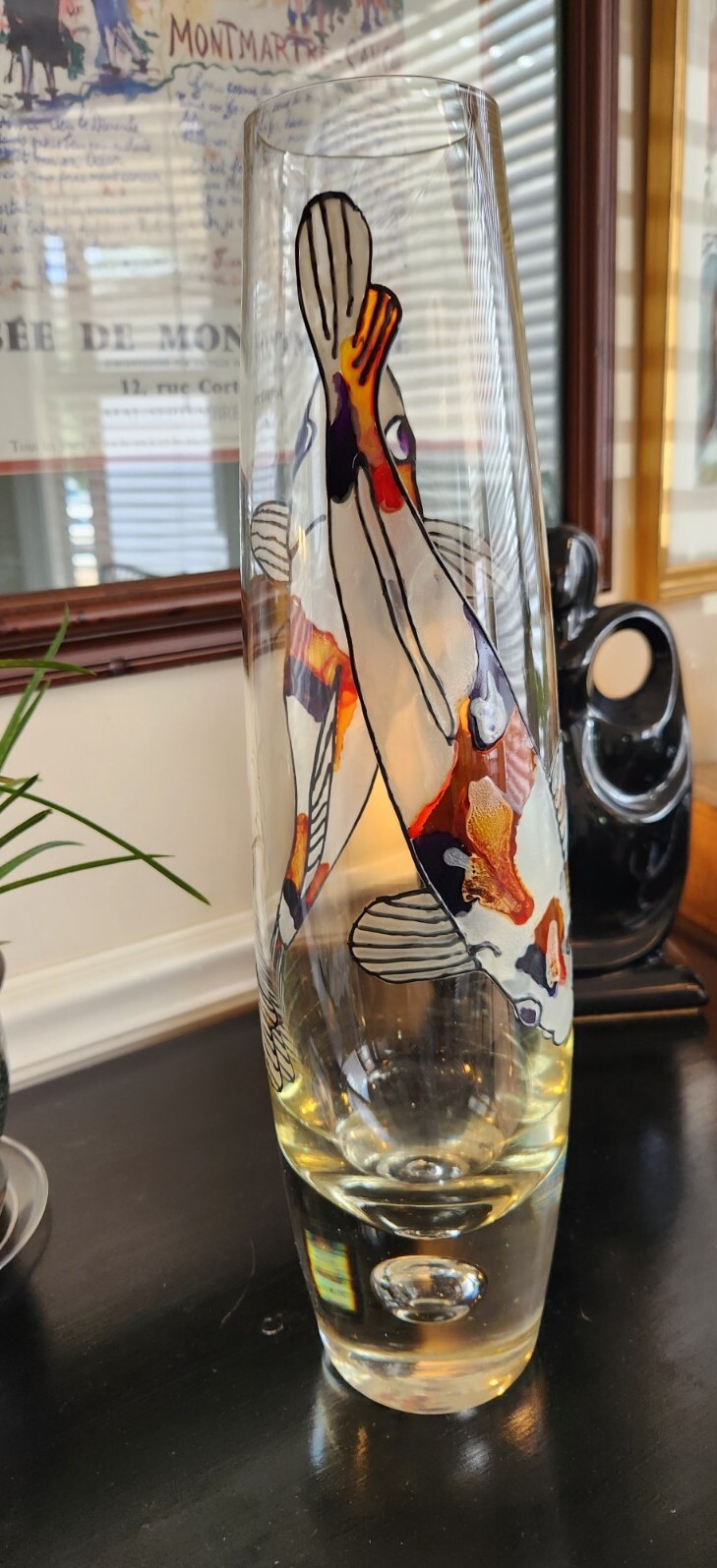16″ Tall KOI Glass Vase / Controlled Bubble Bottom / Clear EUC / 4 lbs