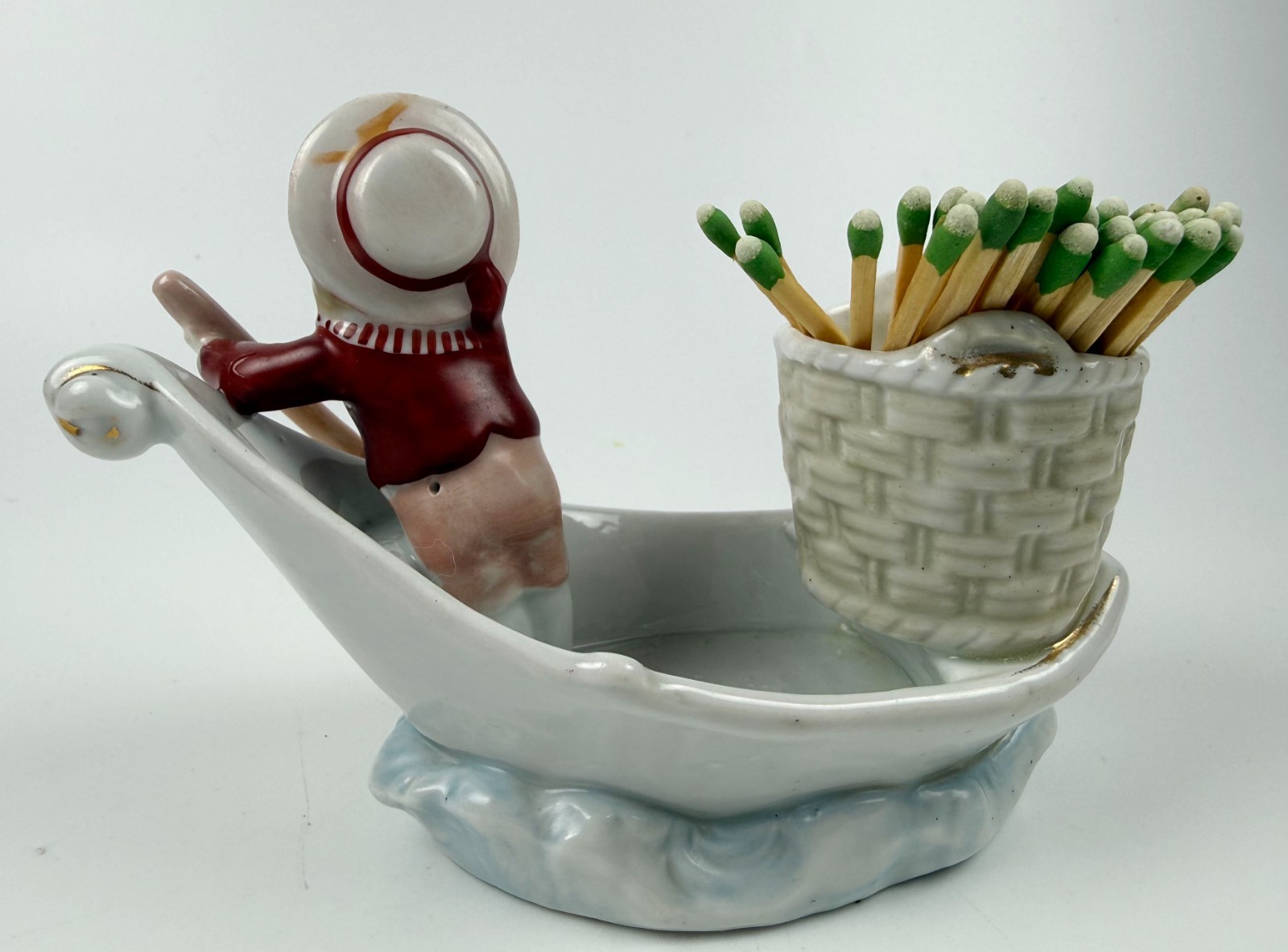 Antique Germany Conta Boehme Porcelain Match holder bud vase boy boat figurine