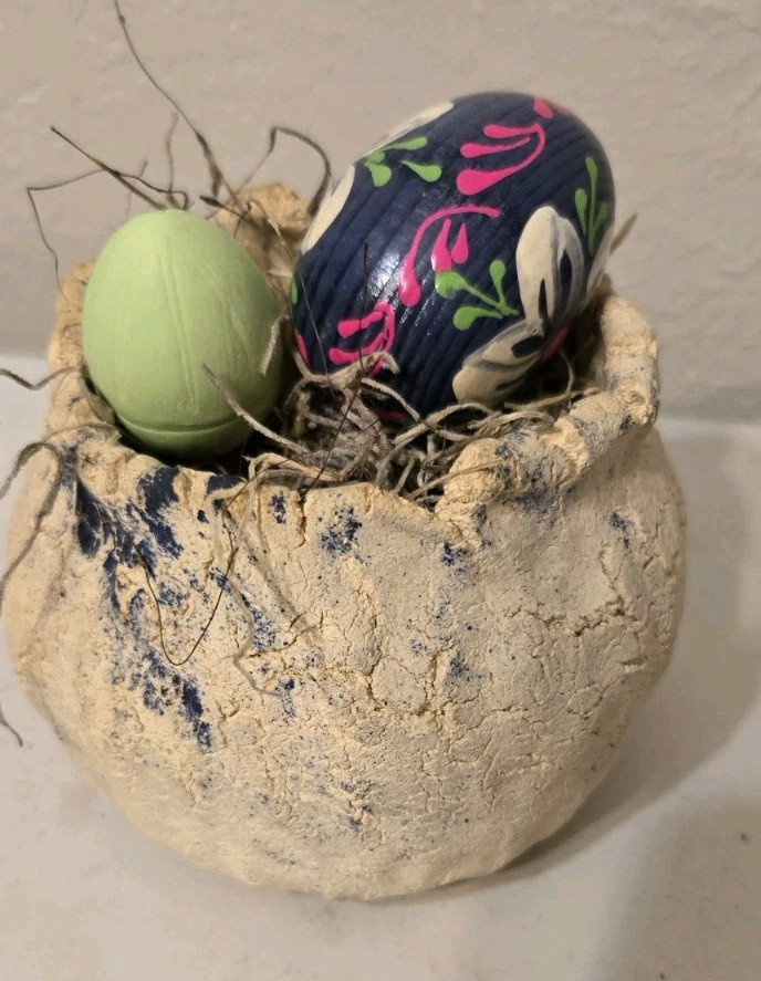 Pottery Bowl With Two Easter Eggs Floral Rustic Decorative Basket