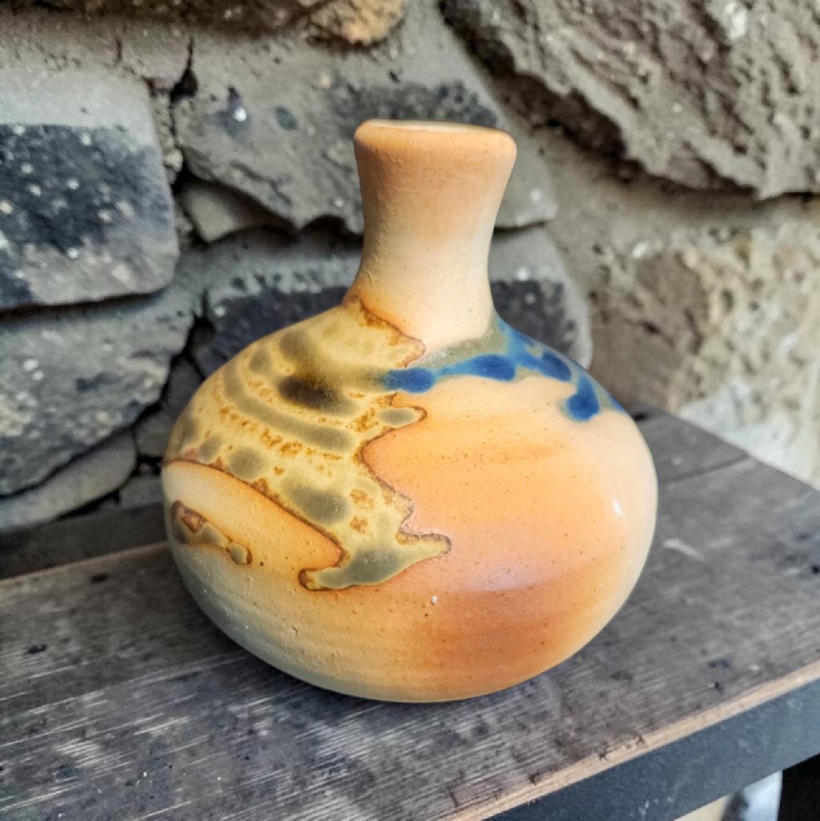 Studio Art Pottery Vase Drip Glaze 3.5″ Blue White Rust Tan Bud Rustic Vessel
