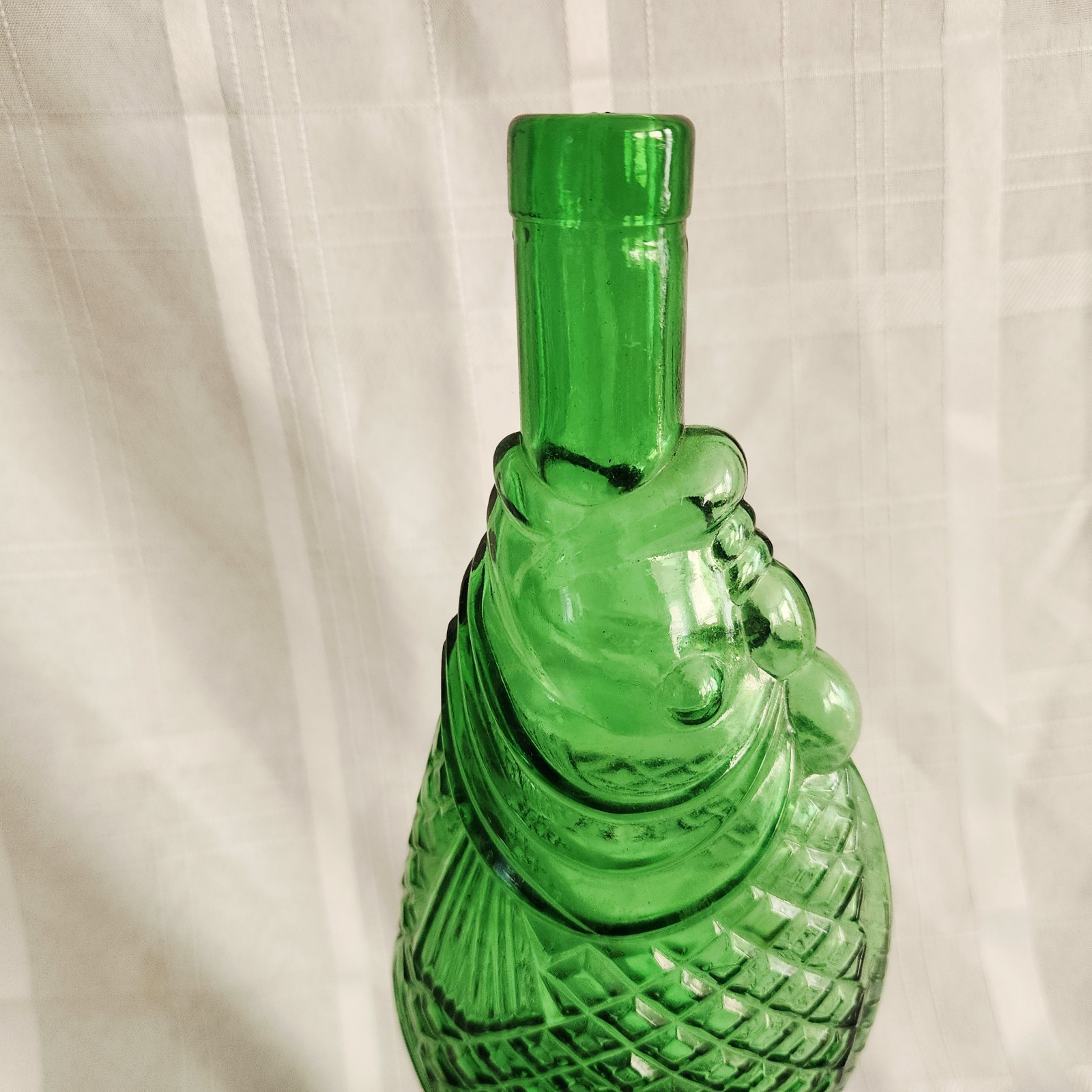 Vintage Green Glass Fish Shaped Wine Bottle Decanter Scales 13″ T F Mark