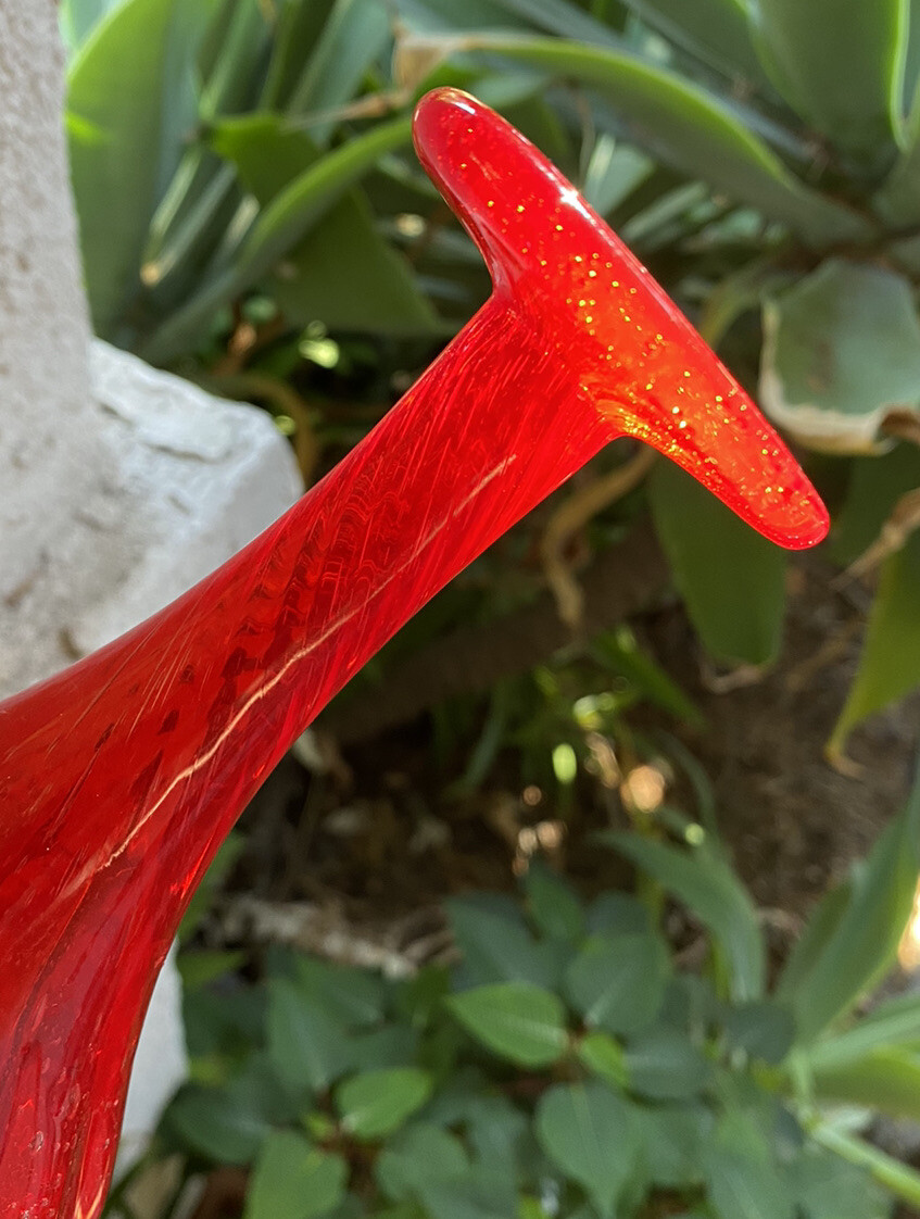 Vtg James McInroe Flame Red Art Glass Twisted Vase w Bubbles/Flat Top 7-7/8in T