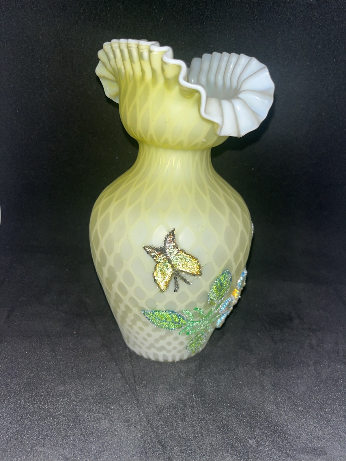 Antique Topaz Opalescent Satin Glass Ruffled Vase Beaded Floral Signed Webb