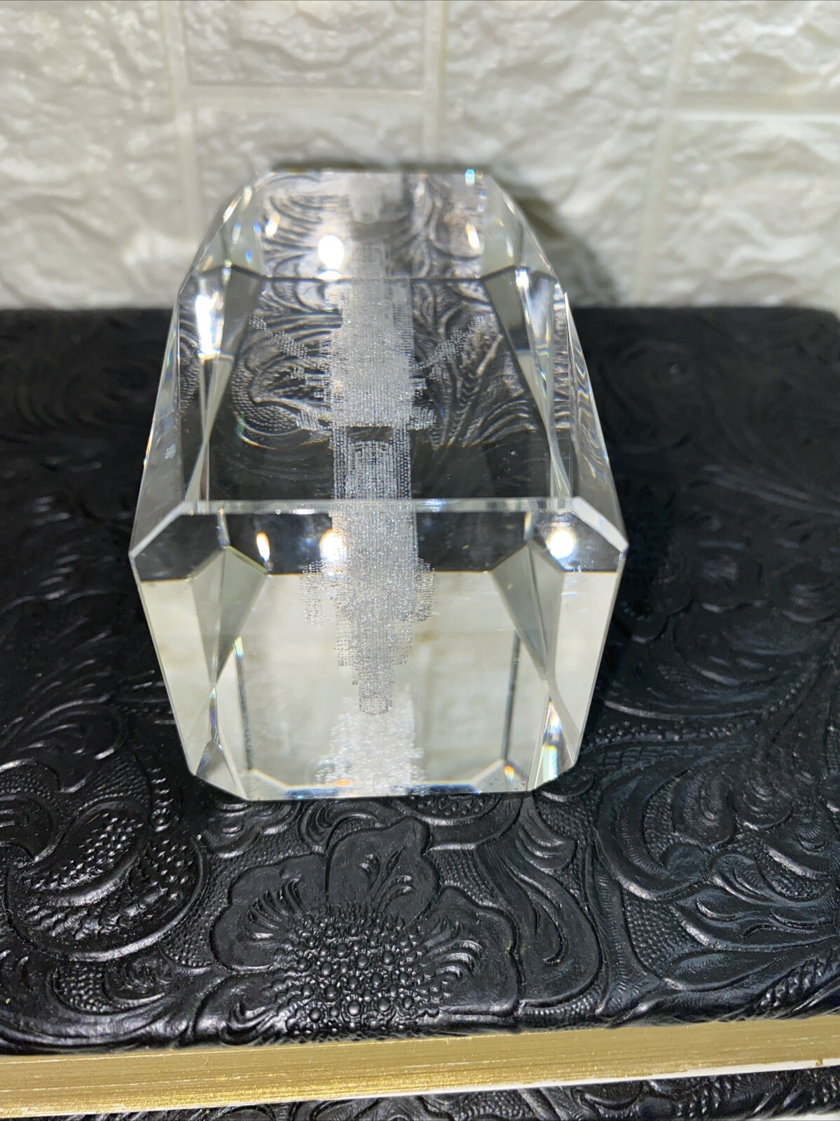 Vintage Etched Motorcycle Glass Paperweight 3 1/4” X 2” X 2” EUC