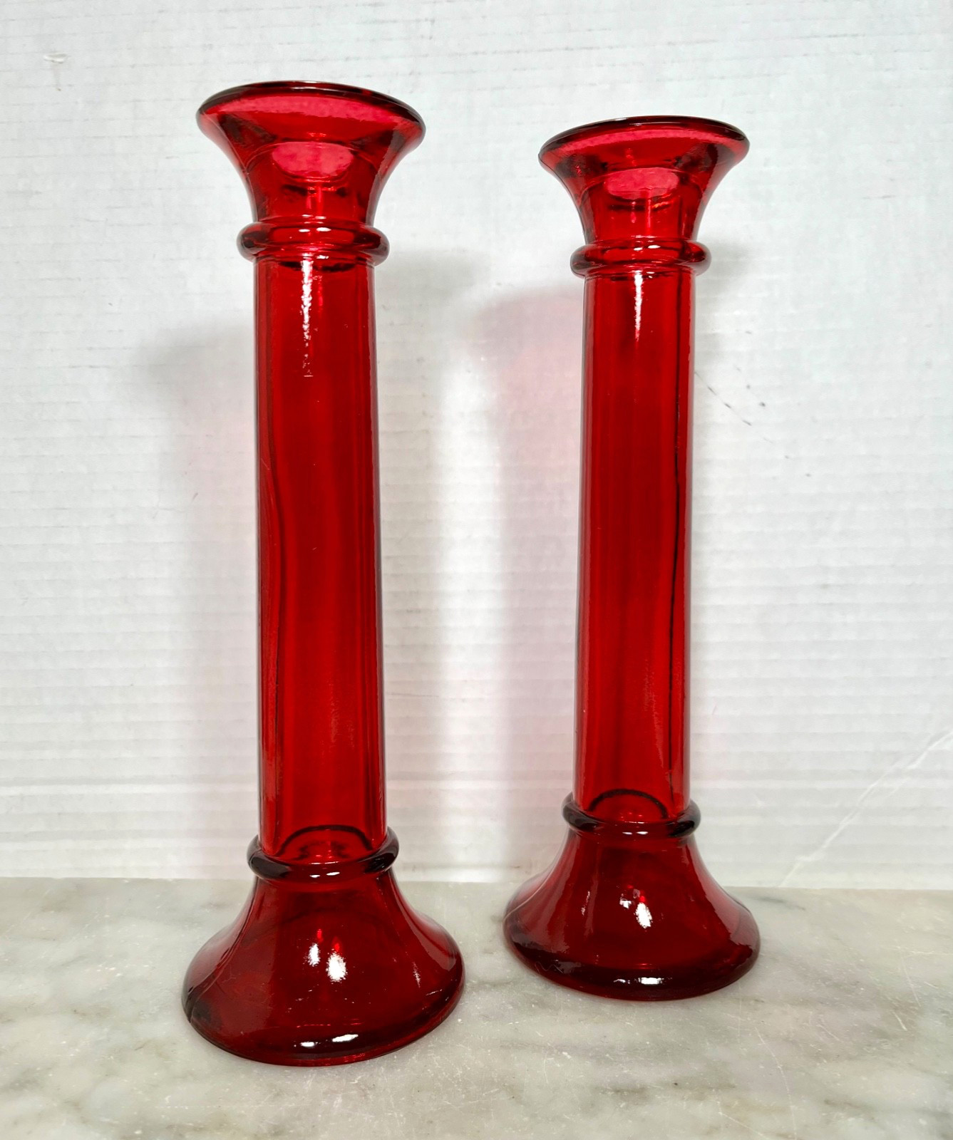 Vintage Set Of 2 Ruby Red Indiana Glass 9” Taper Candlestick Holders