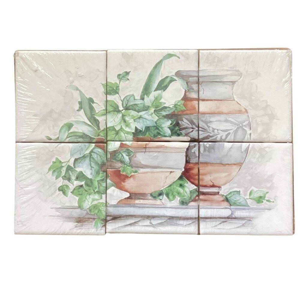 13″ x 8.5″ Terracotta & Ivy Pots Urn Glossy White Ceramic Tile Mosaic Eden Ivy
