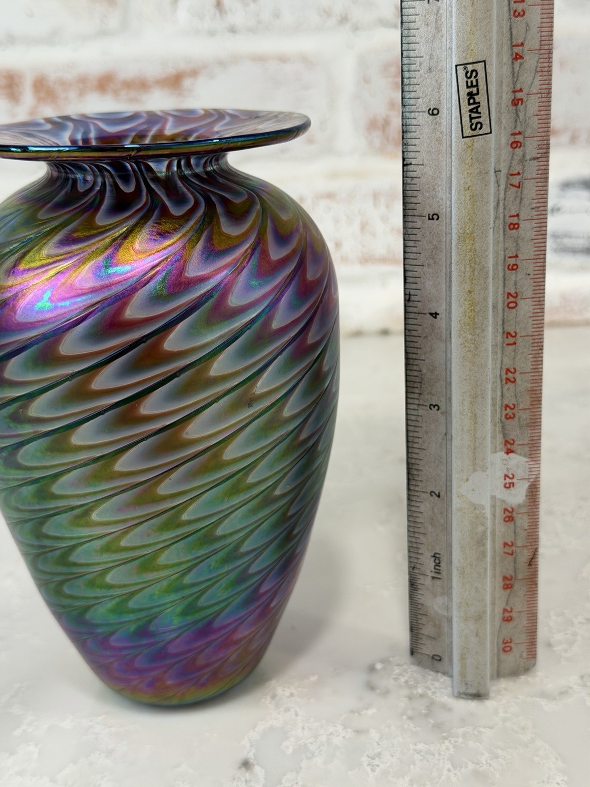 1994 Glass Eye Studio Mt. St. Helens Iridescent Pulled Feather Optic Vase Blown