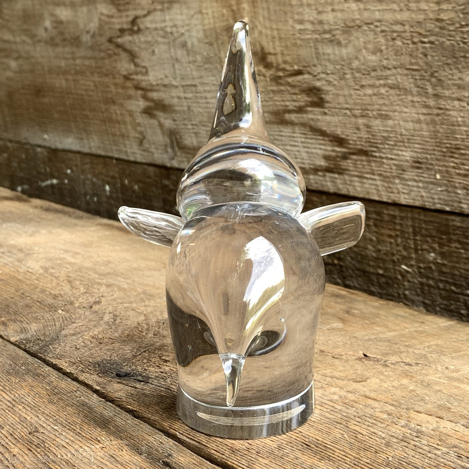 Elephant Figurine Clear Glass Paperweight 6” Signed Collectible Grannycore