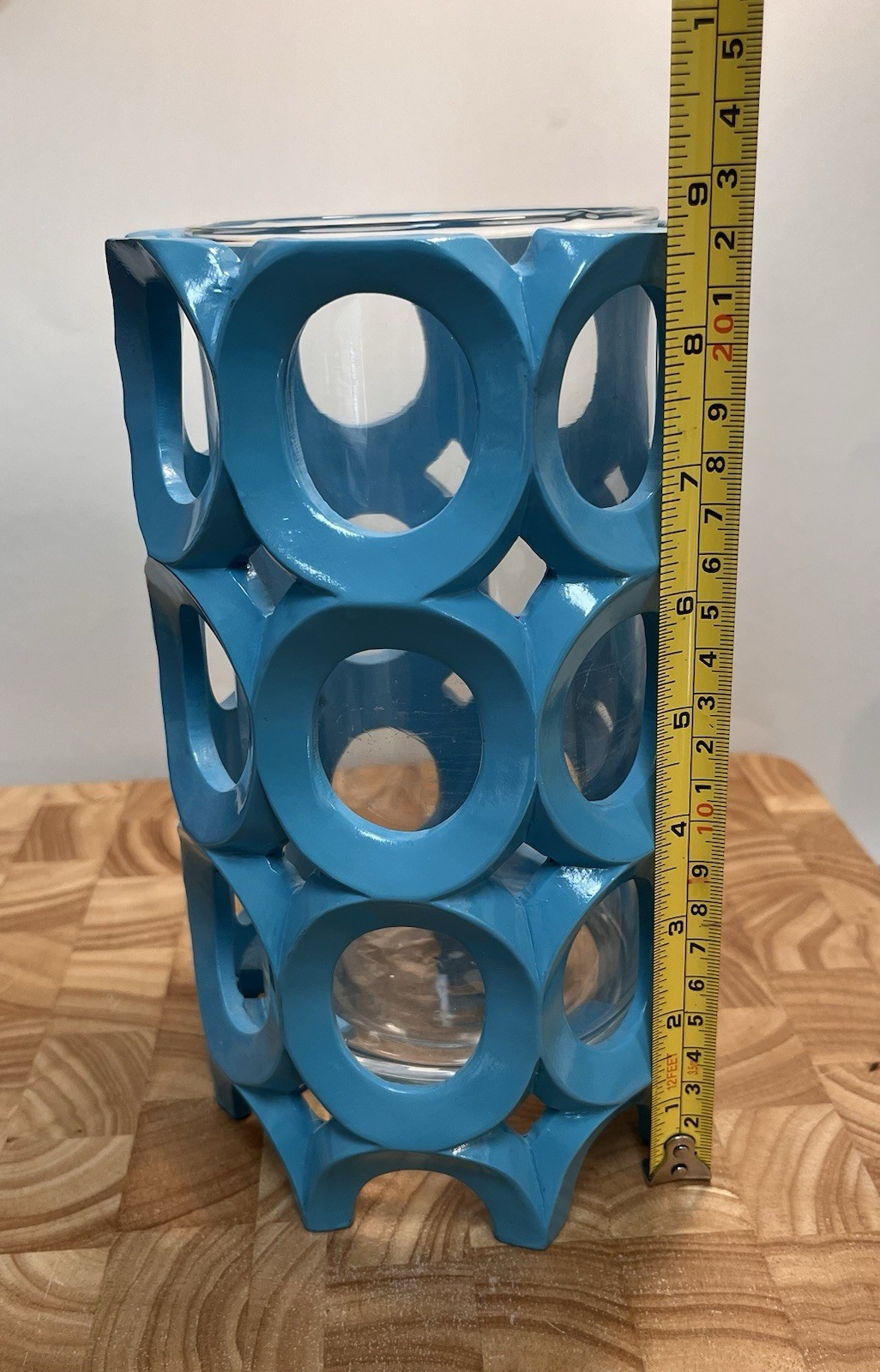 Blue Geometric Decorative Ceramic Vase with Glass Insert, 8″ x 4″. Candle holder