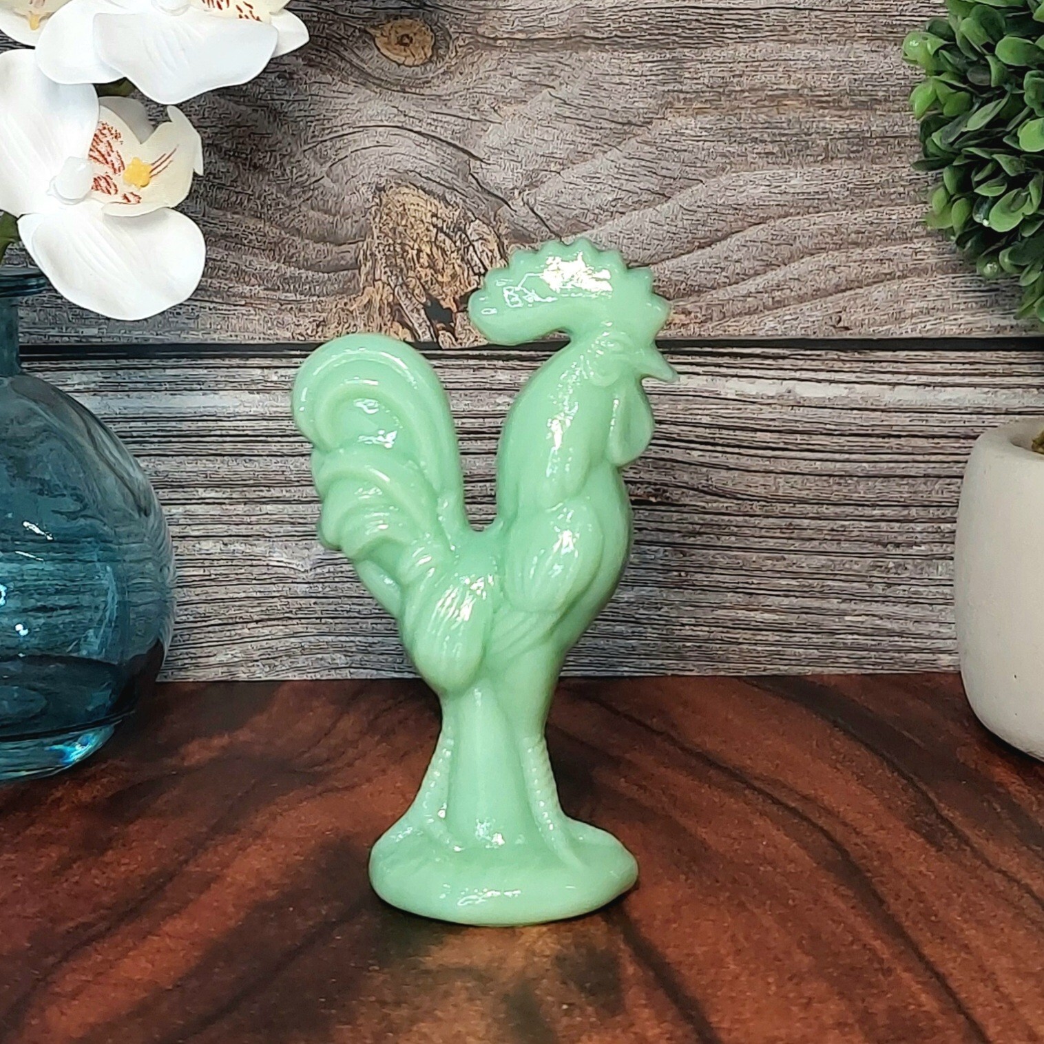 Green Jadeite Glass Depression Style Rooster Chicken Figurine, Vintage Style
