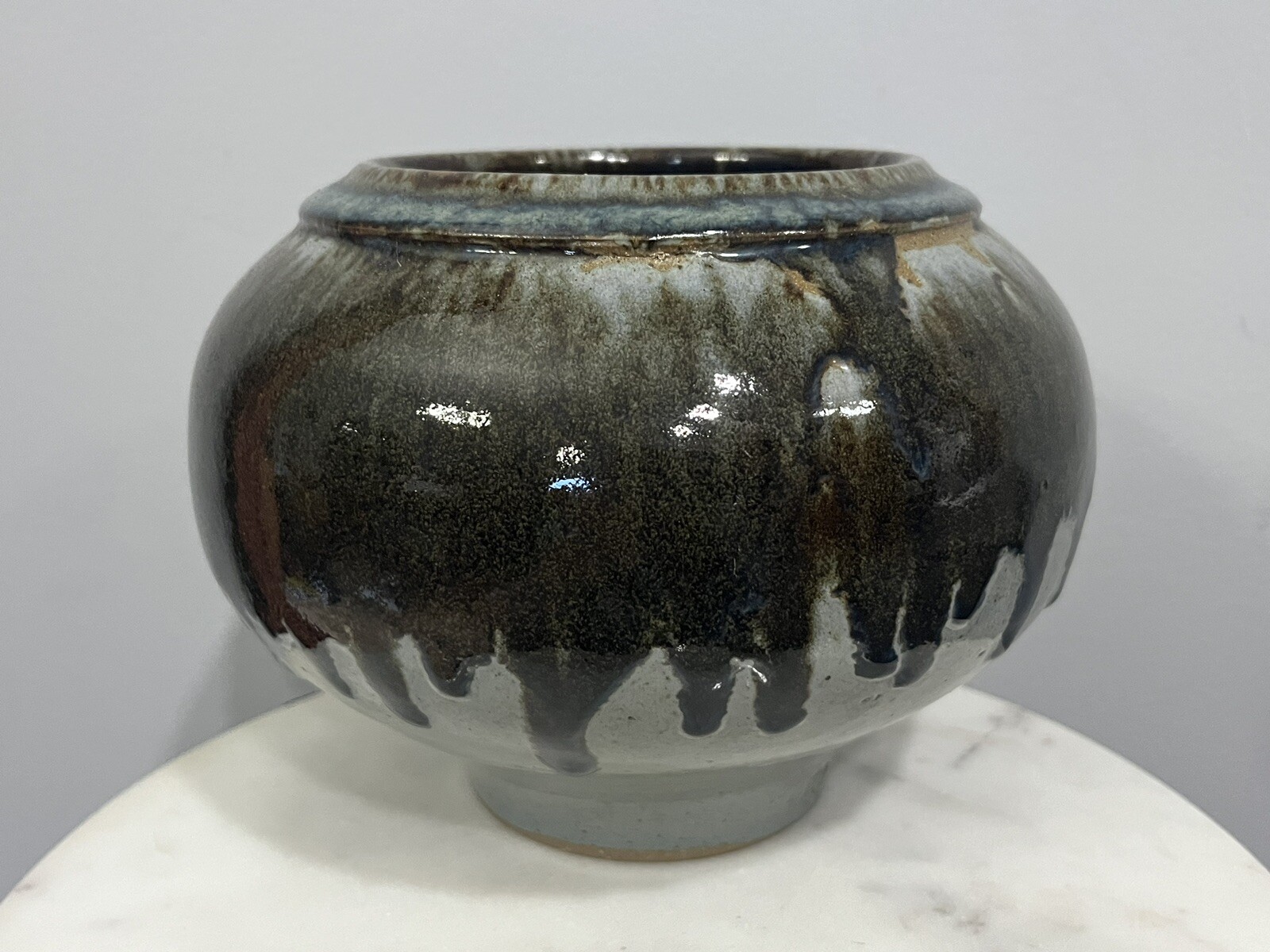 Neutral Drip Glaze Art Pottery Round Hand Thrown Vase or Planter Stamped 5.5”