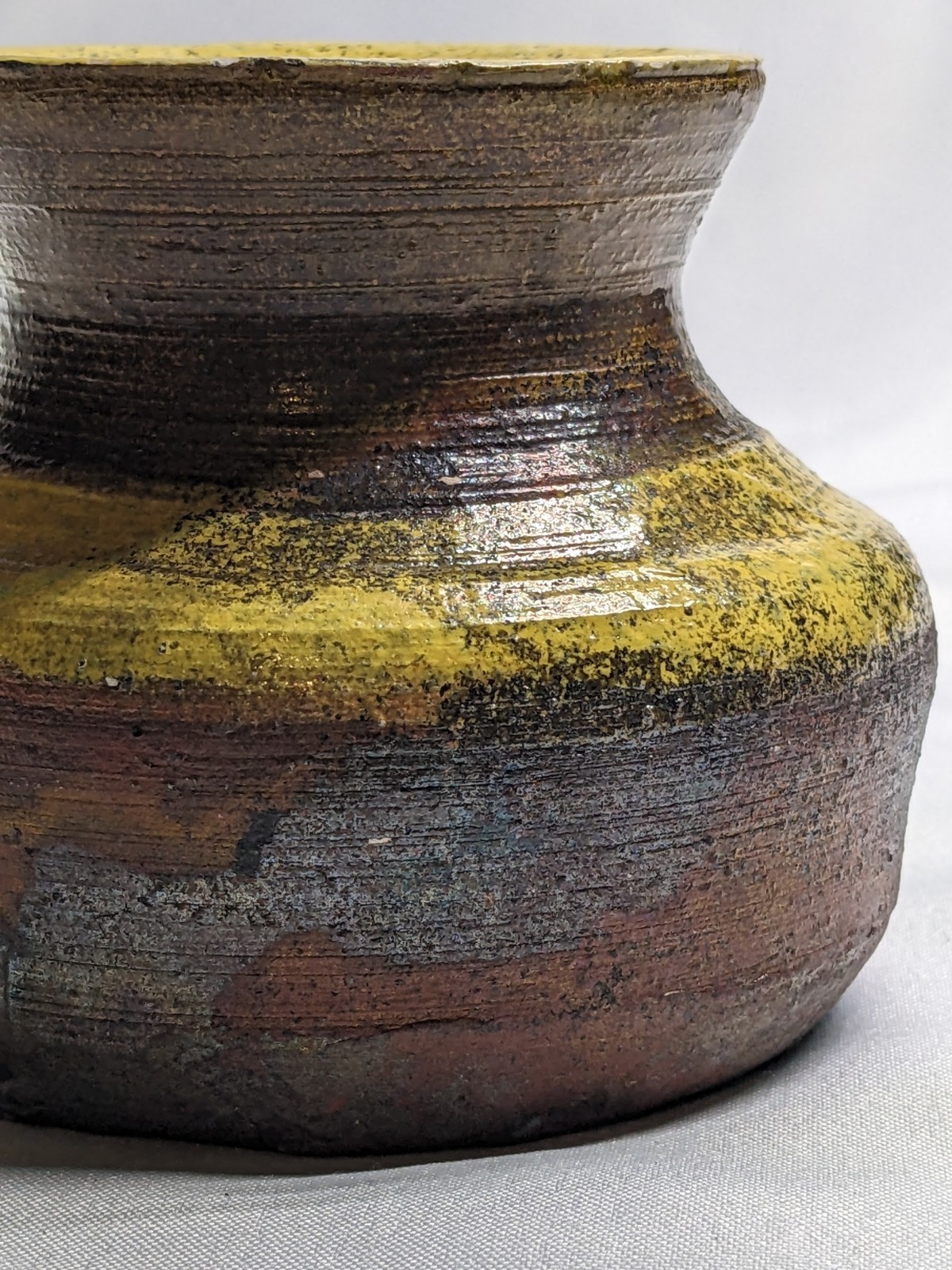 Rustic Glazed Pottery Vase, Brown Yellow Copper, Signed