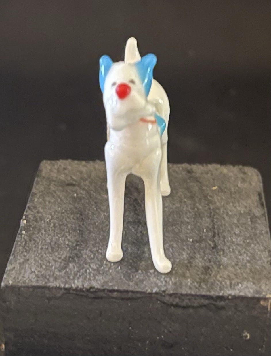 Hand Blown Colorful Murano Mini Dog Figure Spun Glass White & Blue