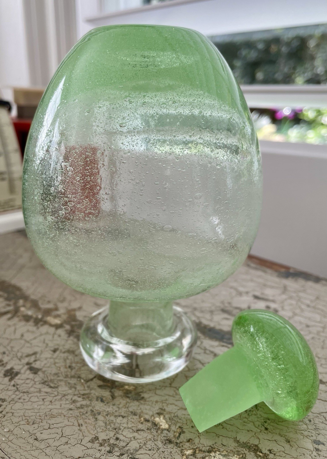 Unique Vintage Empoli Murano Pulegoso Green Seeded Bubble Glass Jar Bottle Top