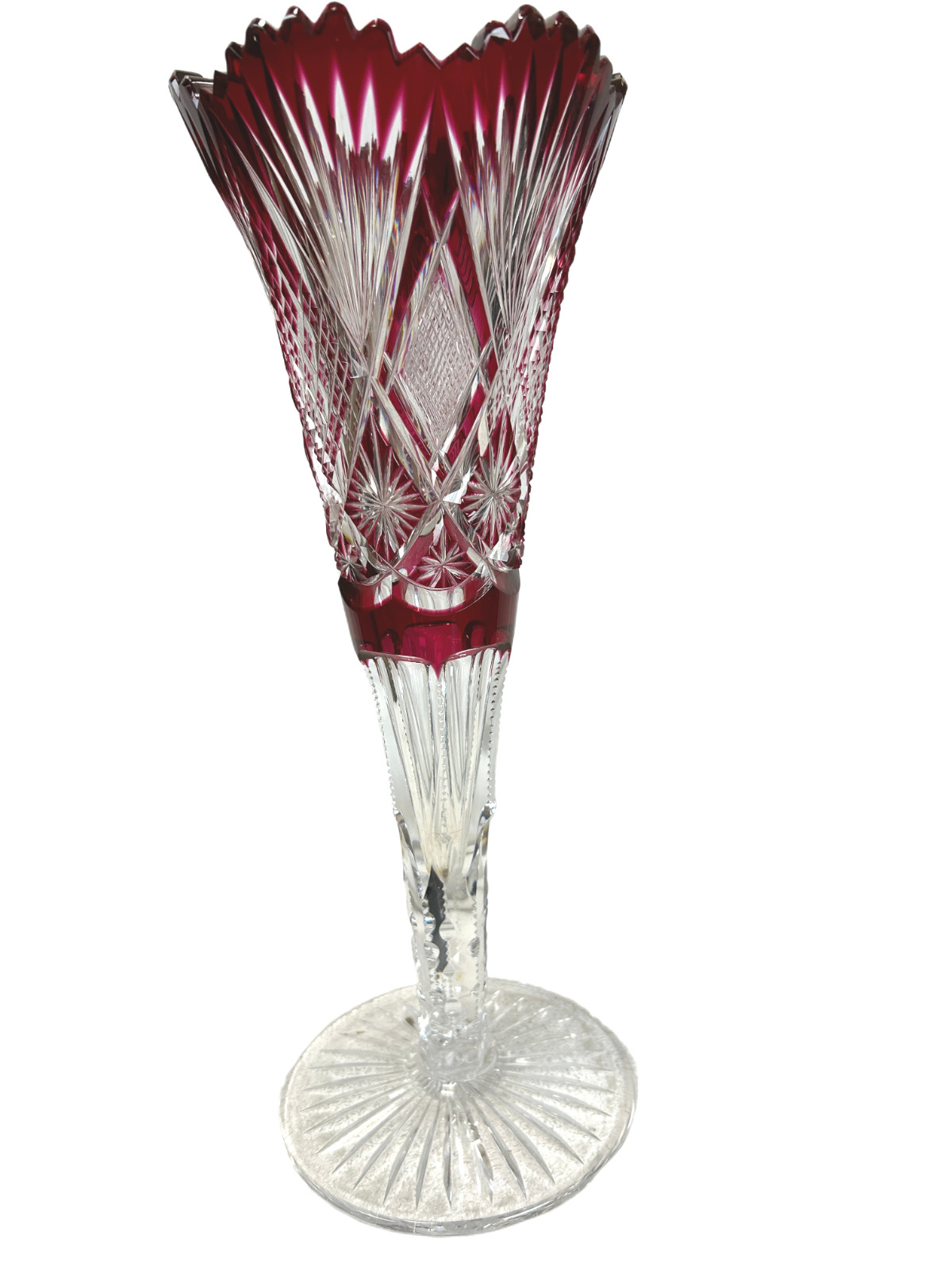 1900s Libbey Brilliant Period Cranberry Cut to Clear Harvard Pattern 14″ Trumpet