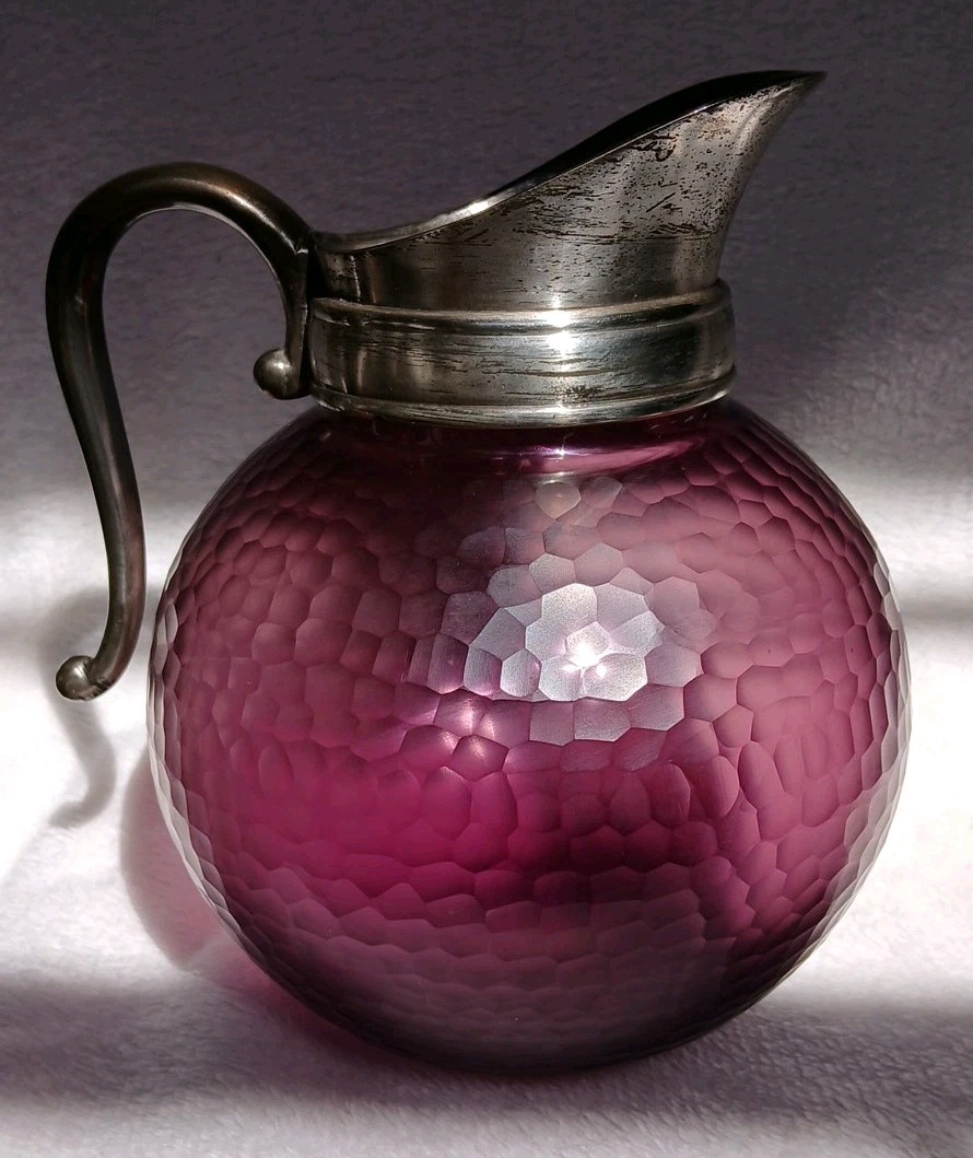 Murano Venini Battuto Amethyst Glass Honeycomb Pitcher w/ Silverplate Mount