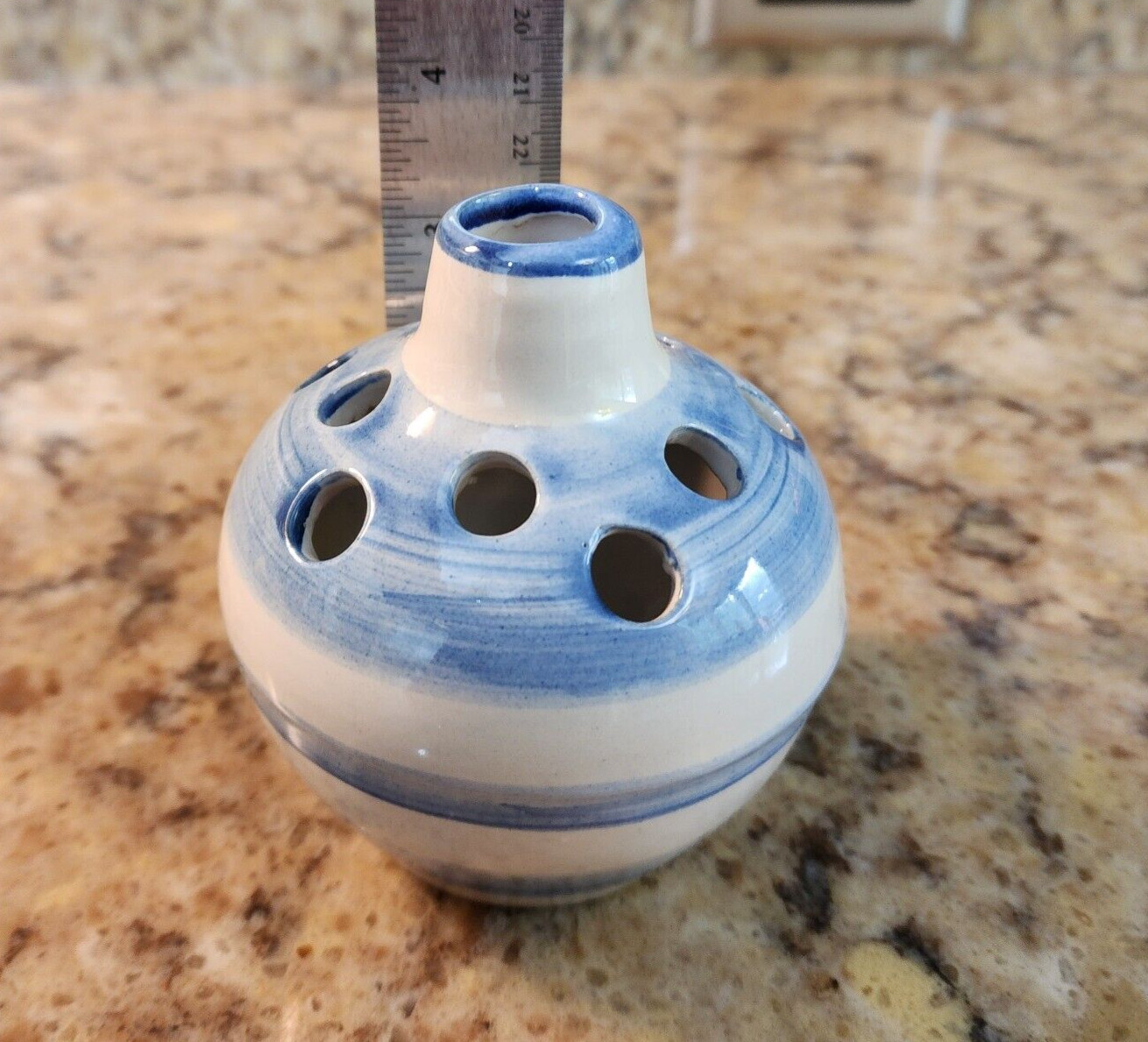 M. A. Hadley Flower Frog Pottery Blue White Vase 3 inch Excellent Condition