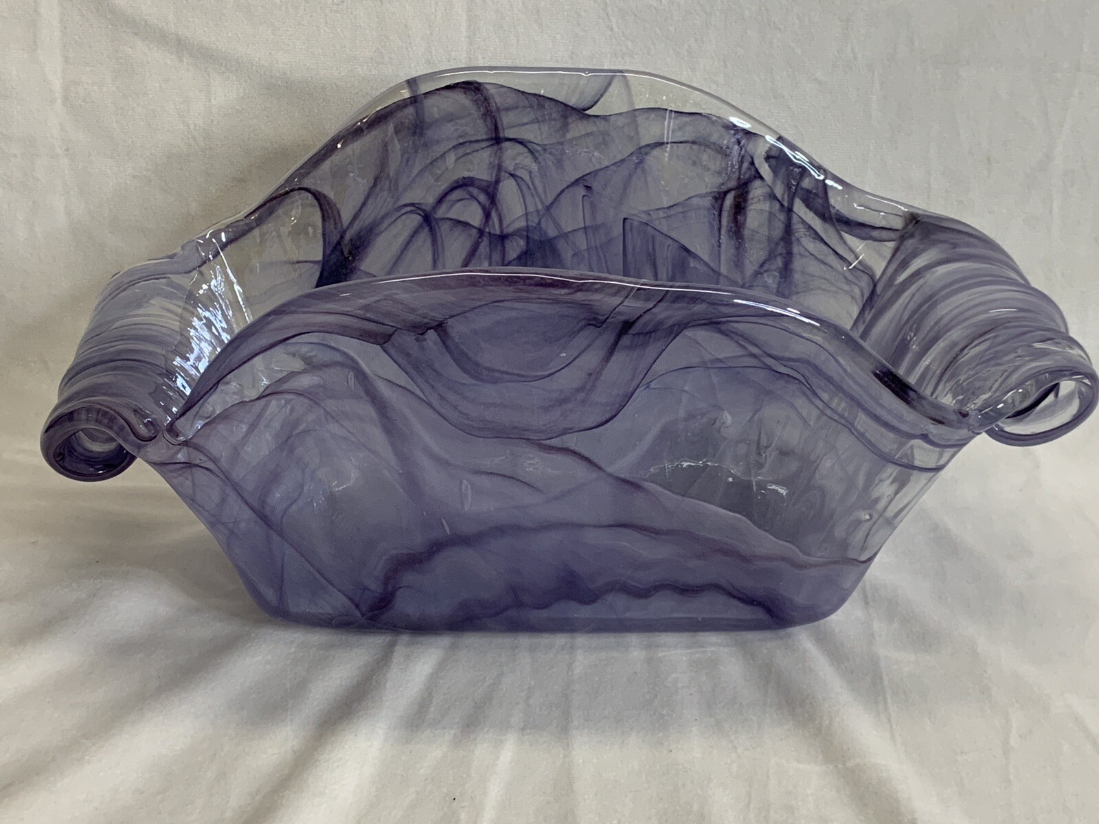 Lilac Purple White Swirl Art Glass Rectangular Basket Centerpiece Bowl