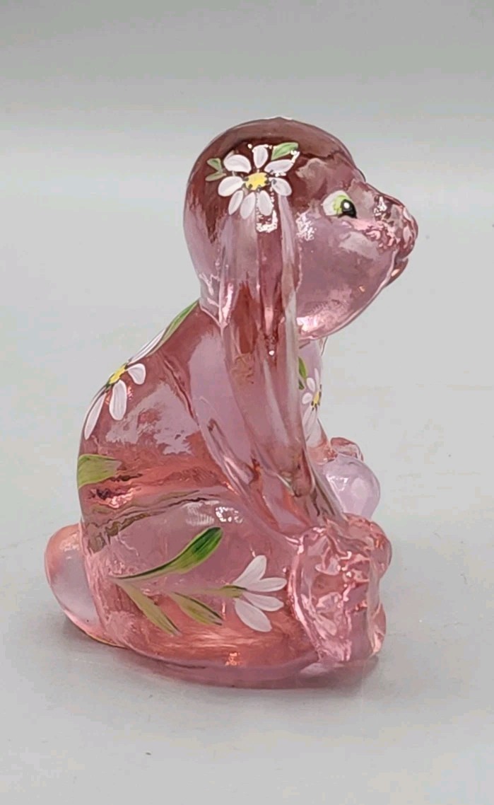 Fenton Glass Bunny Figurine Lop-Eared Madras Pink Cranberry Floral Signed.