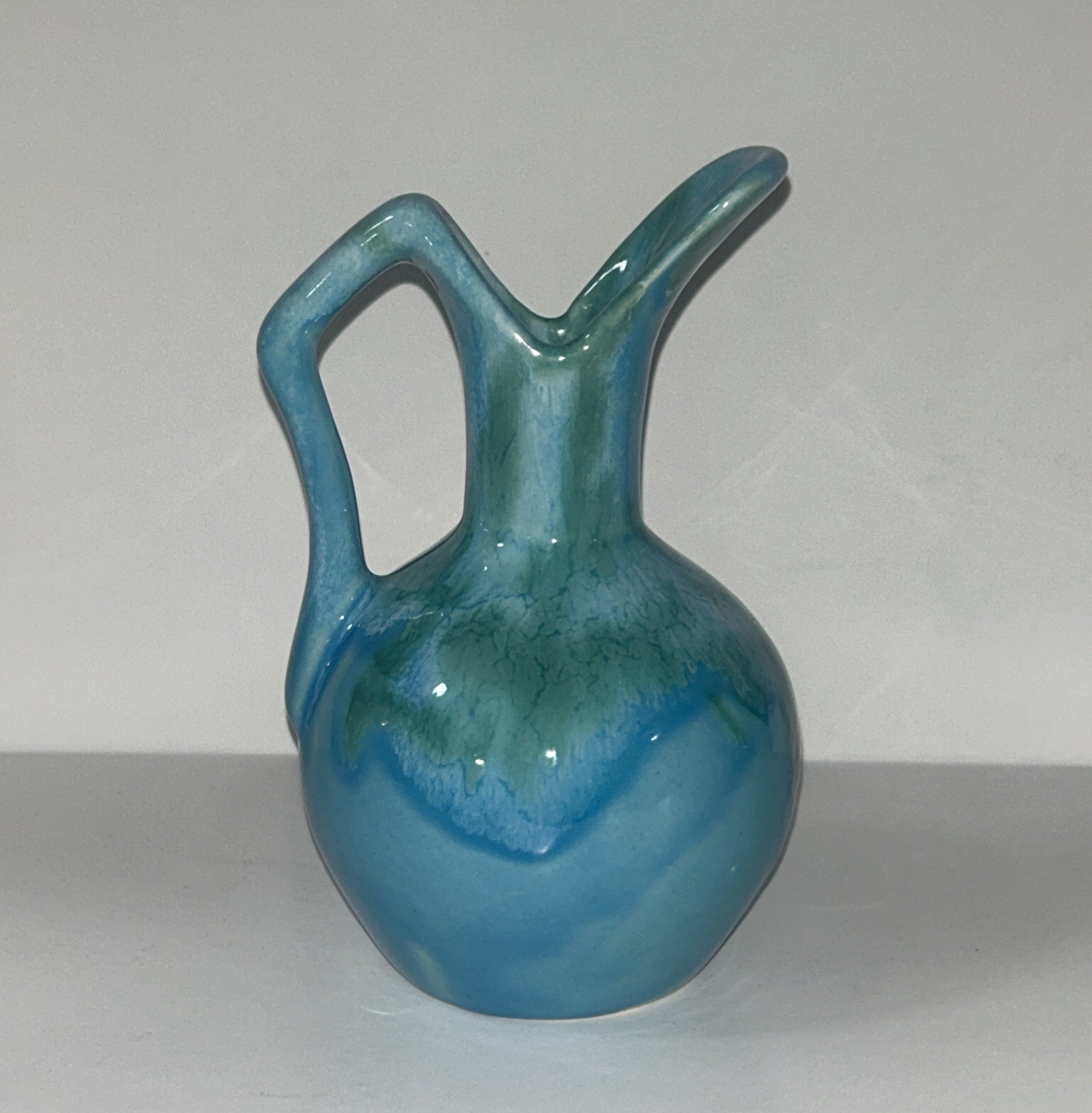 Dryden Pottery Vintage Blue Turquoise Pitcher Ewer Vase 6 1/2 Inches Tall Signed