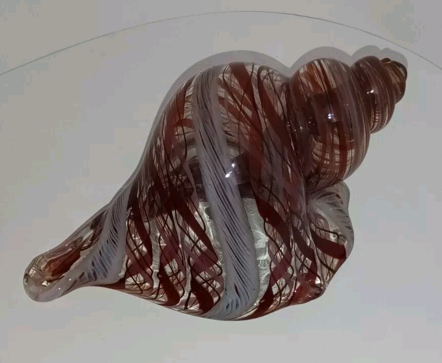 Multicolor White Pink Rose/Maroon Clear Glass Hand Blown Seashell Signed C. FUNK