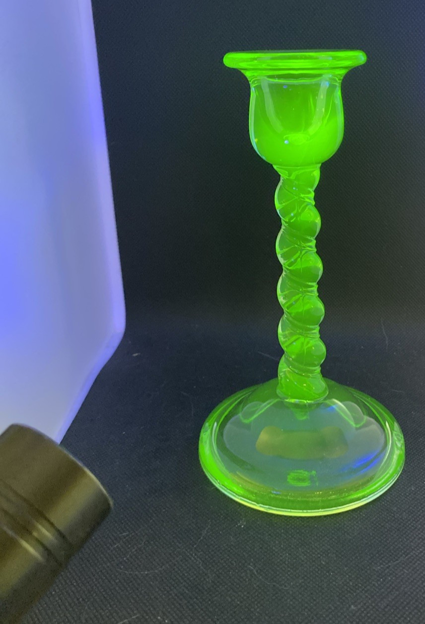 VTG Tiffin? Uranium Single Candlestick Holder 7″ Tall Spiral Twist GLOWS!