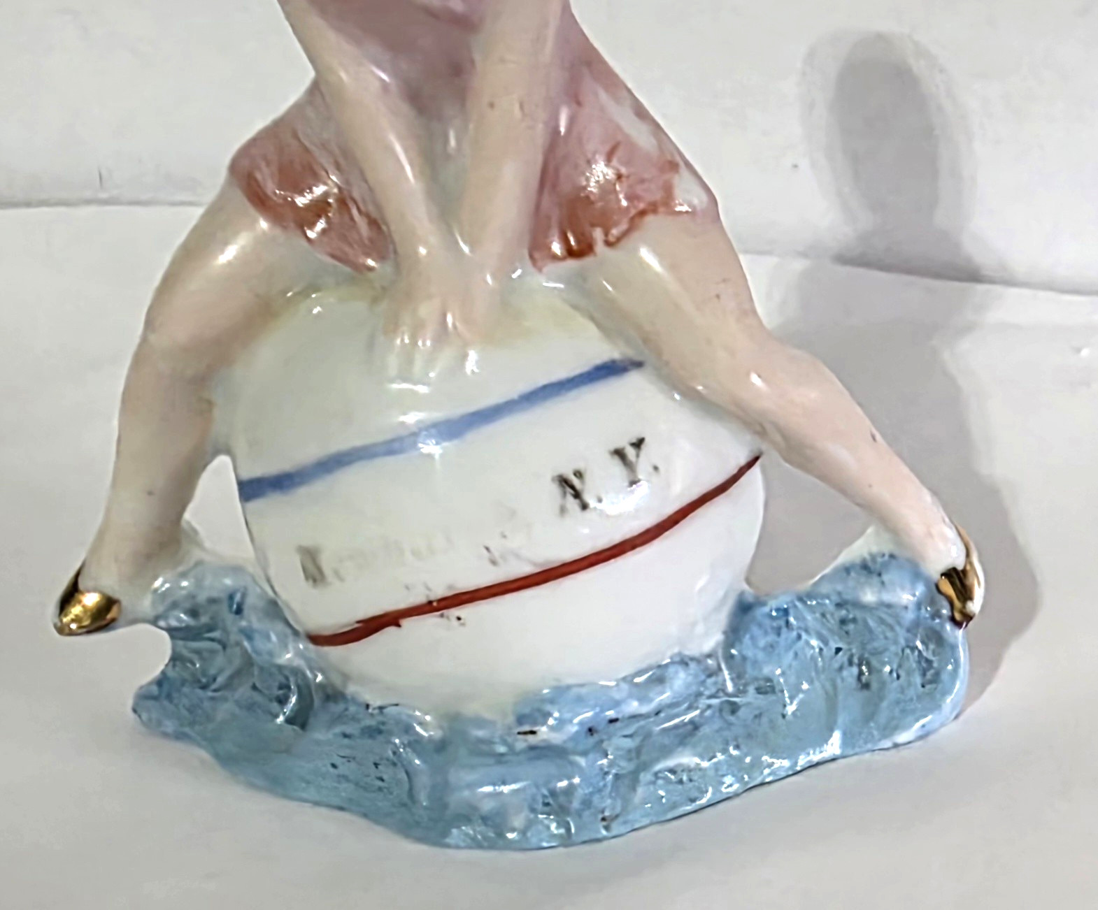 Antique Bathing Beauty Figurine Sitting on New York Beach Ball Germany 3.5″