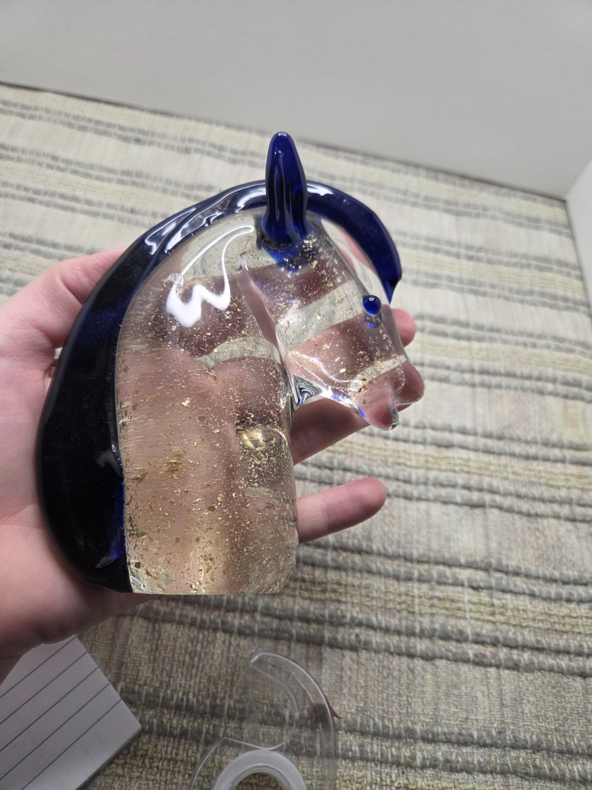 PR Venetian Murano cobalt, clear and gold adventurine glass horse head