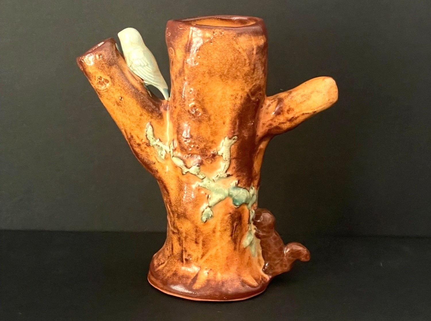 Vintage Pottery Brown Tree Trunk Vase With Bird on Branch 6″ High