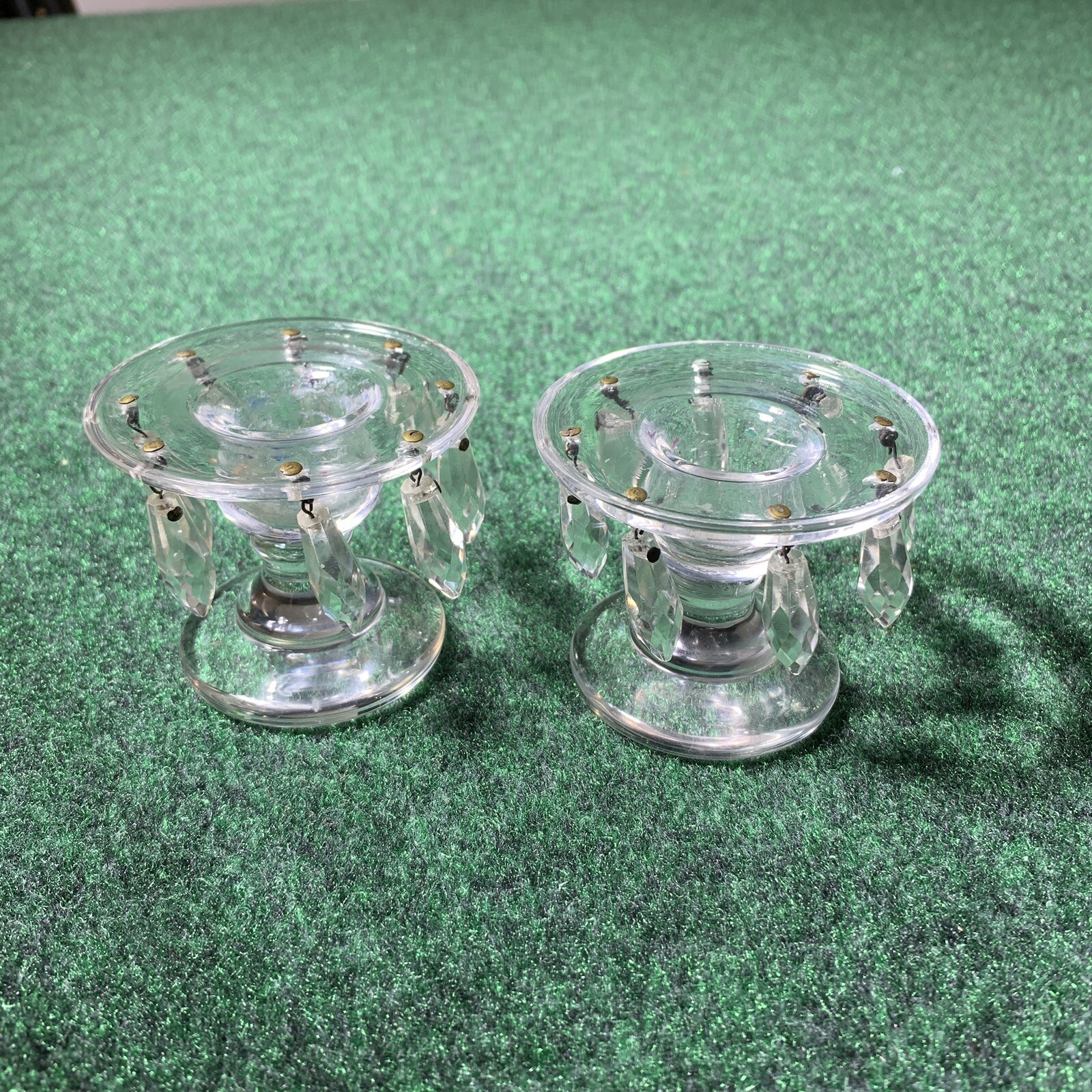 Candlestick Holders 2 Pair Glass Bobbin Two Way TEARDROP Crystals Elegant Unity