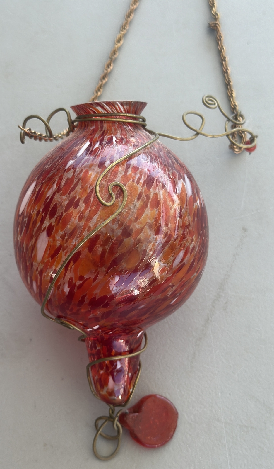 VTG Speckled Red Wire Wrap Hand Blown Glass Hanging Bell Jar Oil Lamp w/ Chain