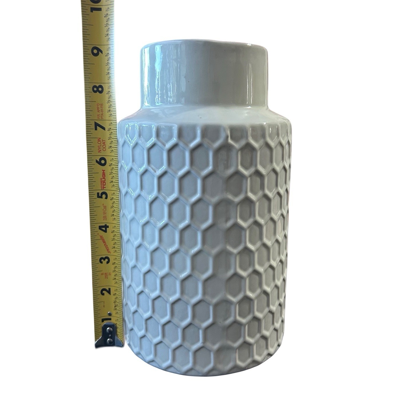 White Ceramic Vase 9” Utensil Holder Honeycomb Textured Design Minimalist New