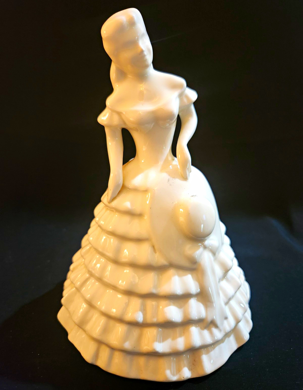 White Porcelain Woman Figurine Glossy Ruffled Dress Holding Hat 7 in