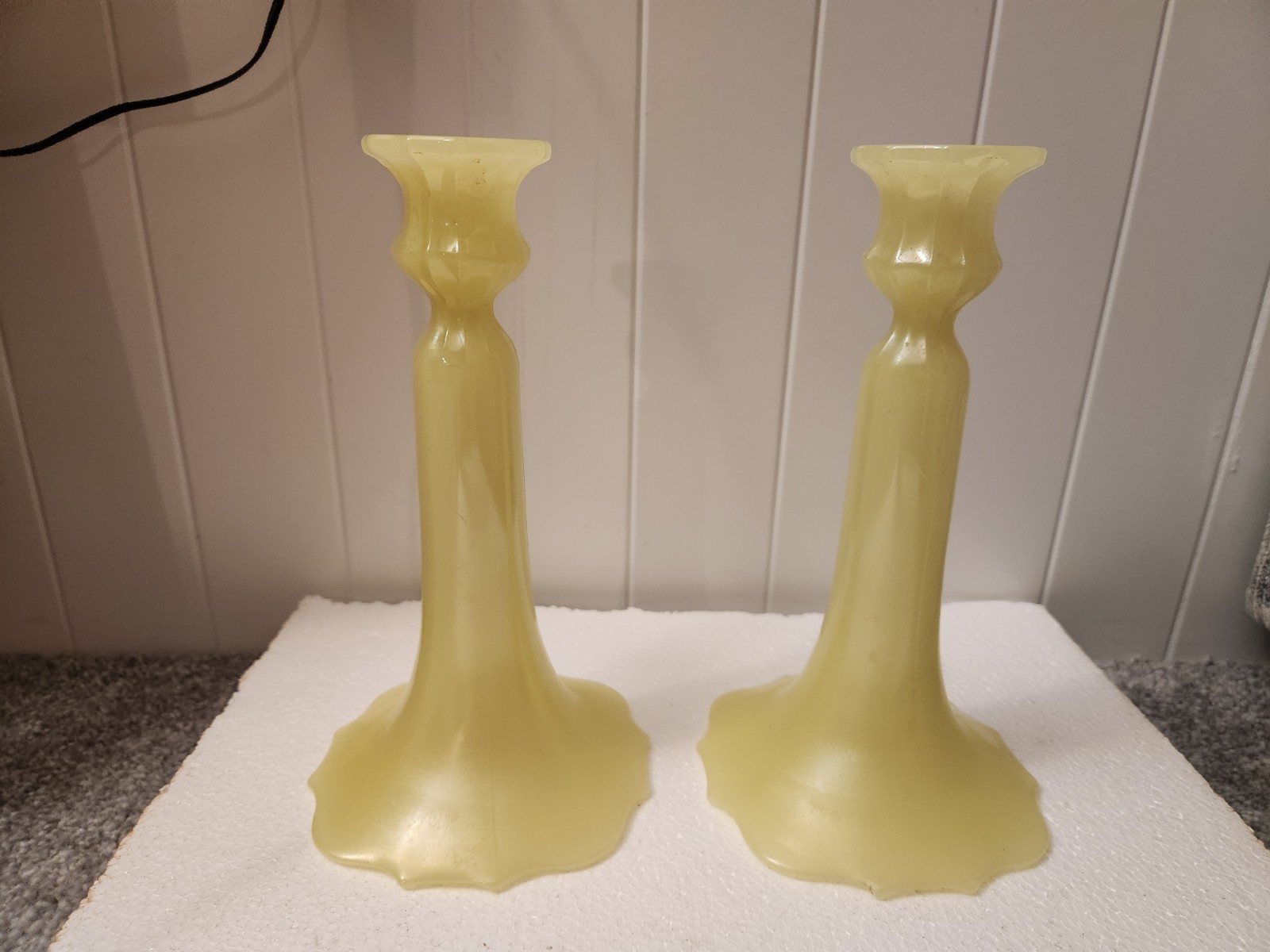 U.S. Glass Mandarin Yellow Uranium Glass 9″ Candlestick Holders – Pair