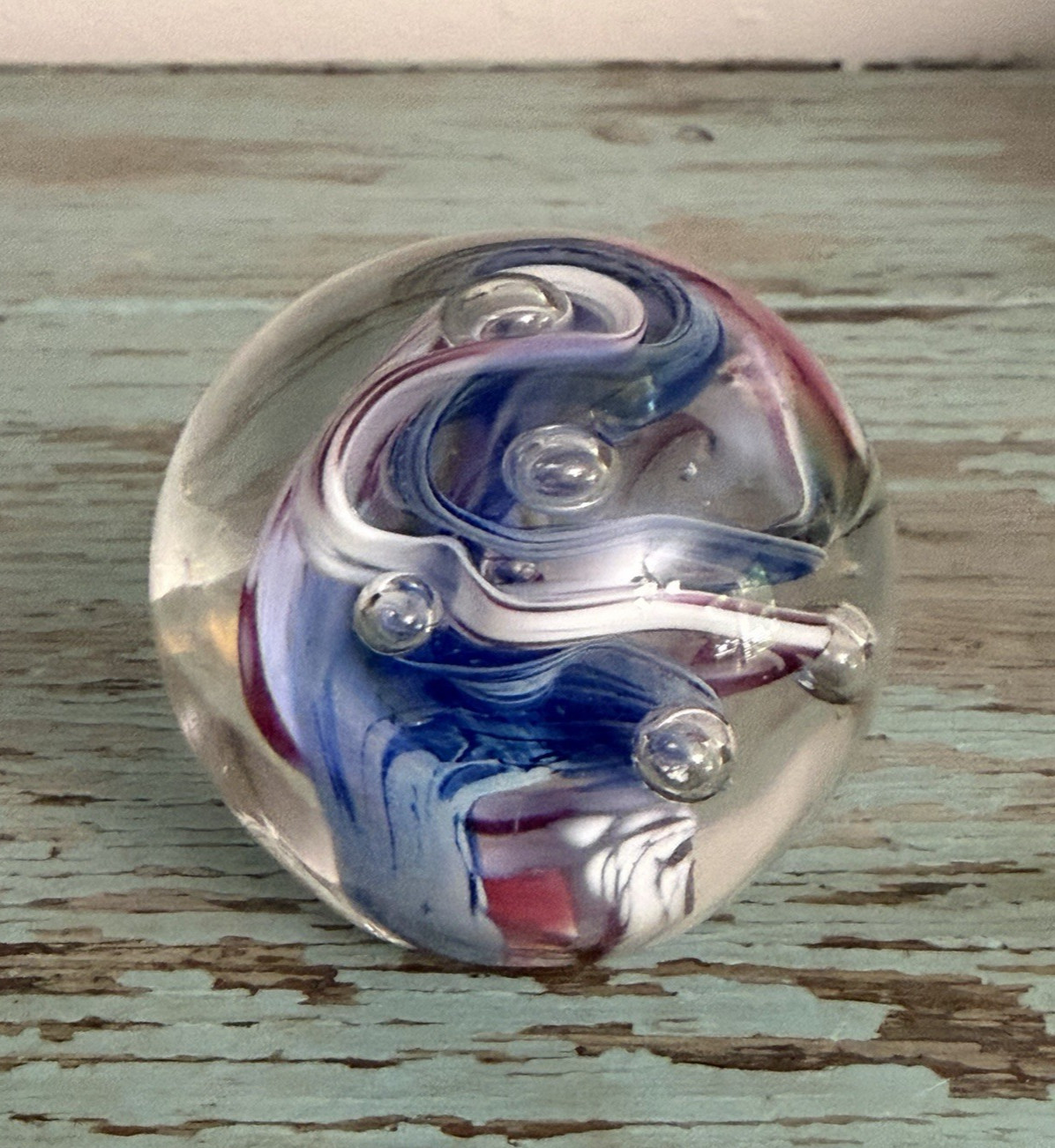 Schuster Studios Glass Paperweight Signed SGS ’94 Vtg Swirls Bubbles 2 1/4″